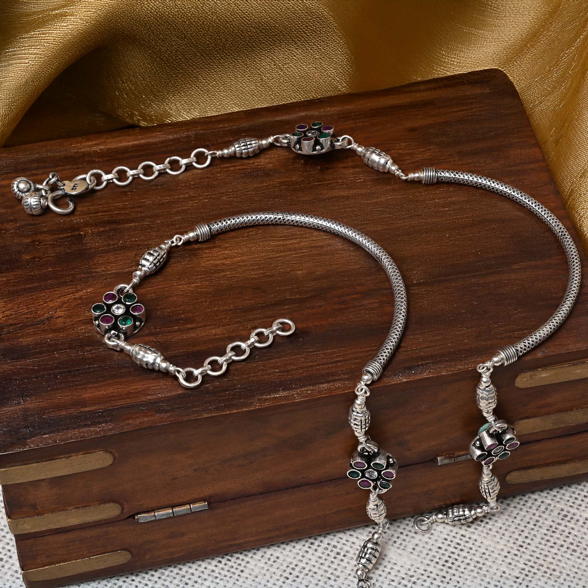 Floral Cluster Silver Anklets