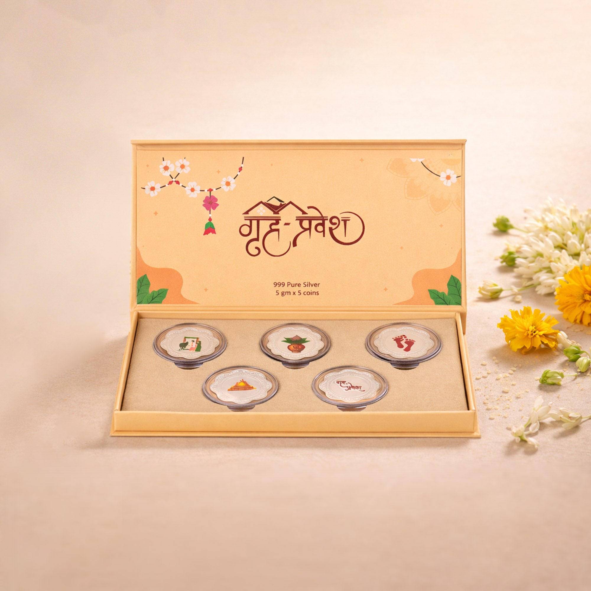 Griha Pravesh 999 Silver Coin Box (5 Coins)