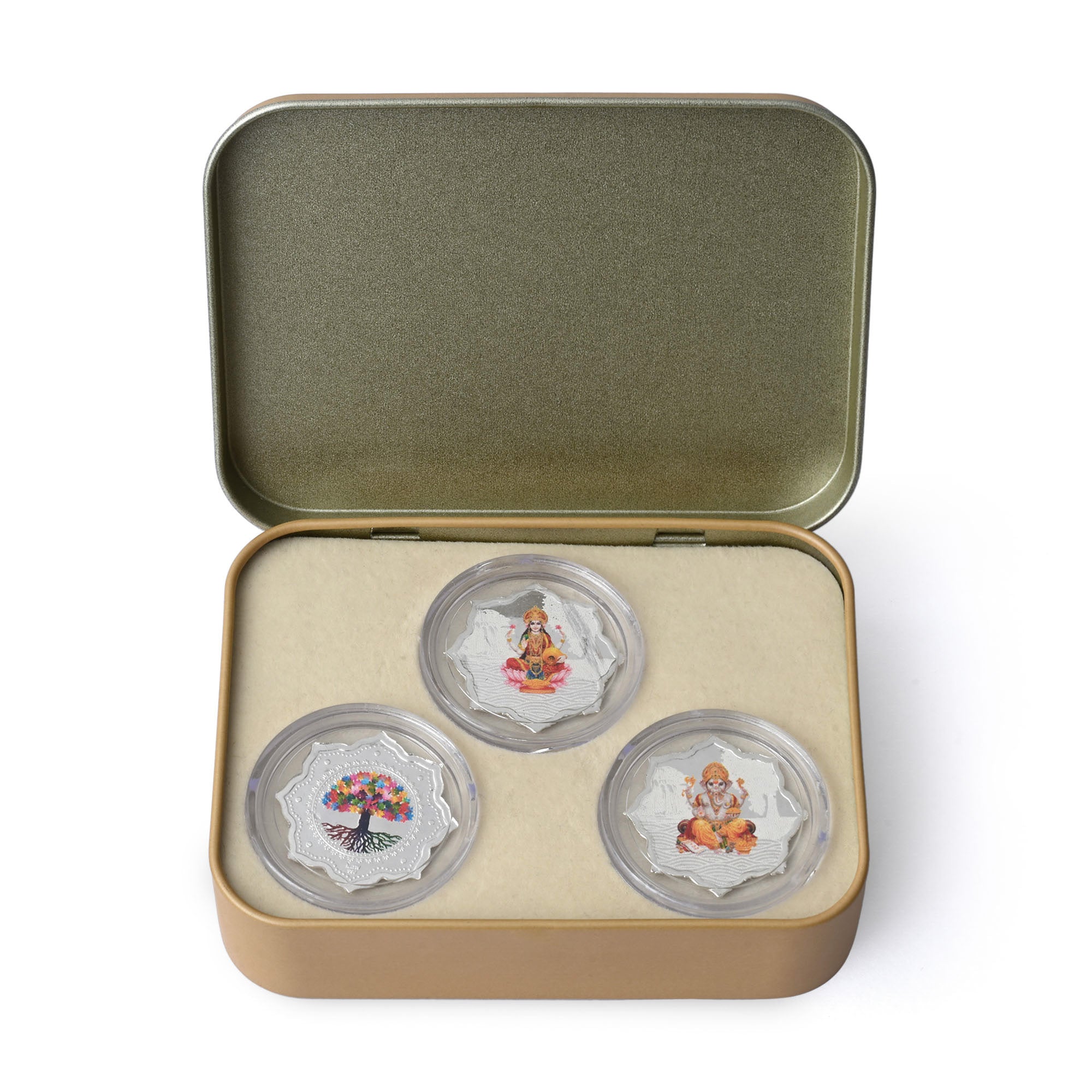 999 Silver Lakshmi Ganesha Kalpavriksha Coin Box (3 Coins)