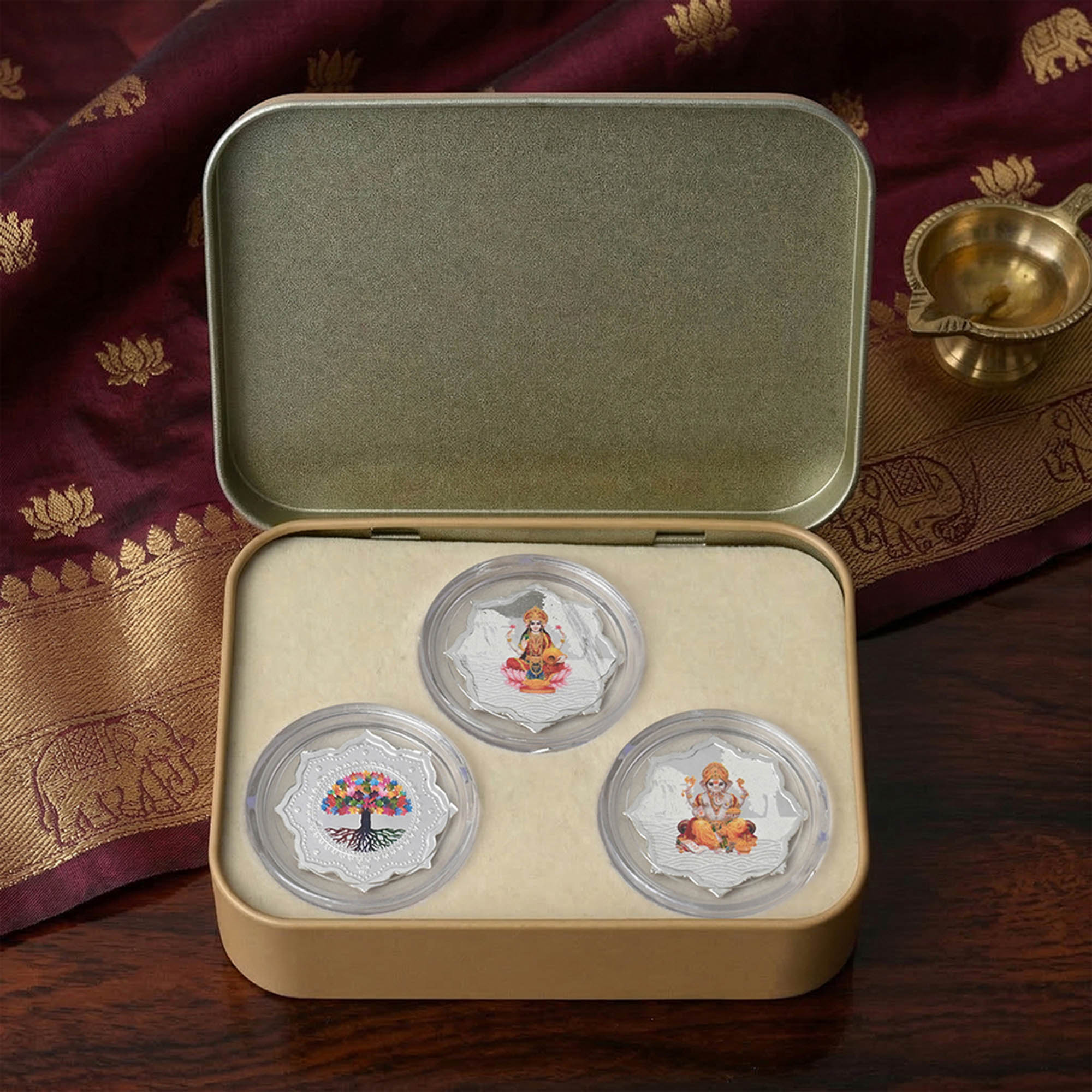 999 Silver Lakshmi Ganesha Kalpavriksha Coin Box (3 Coins)