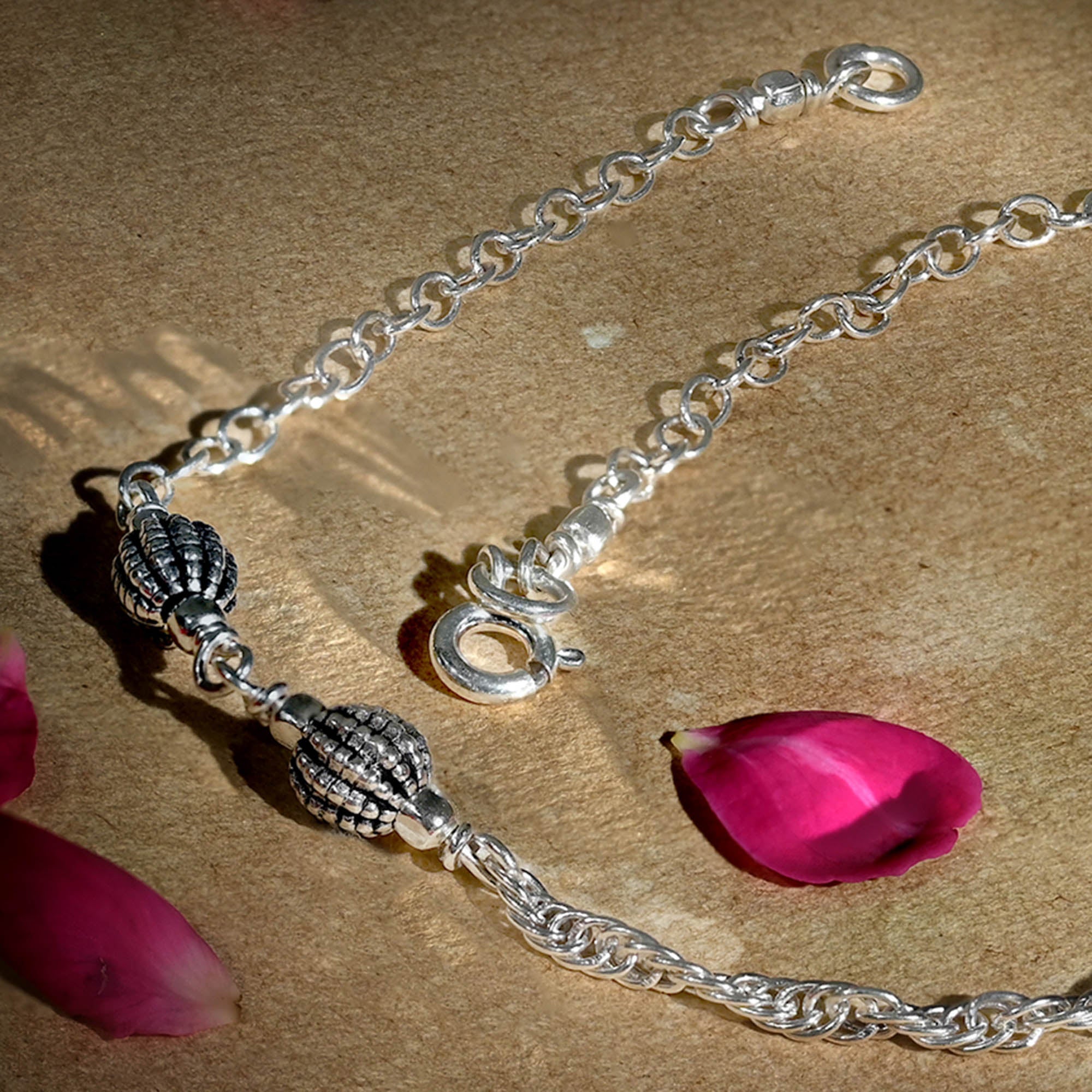 Ribbed Bead Chain Silver Anklet
