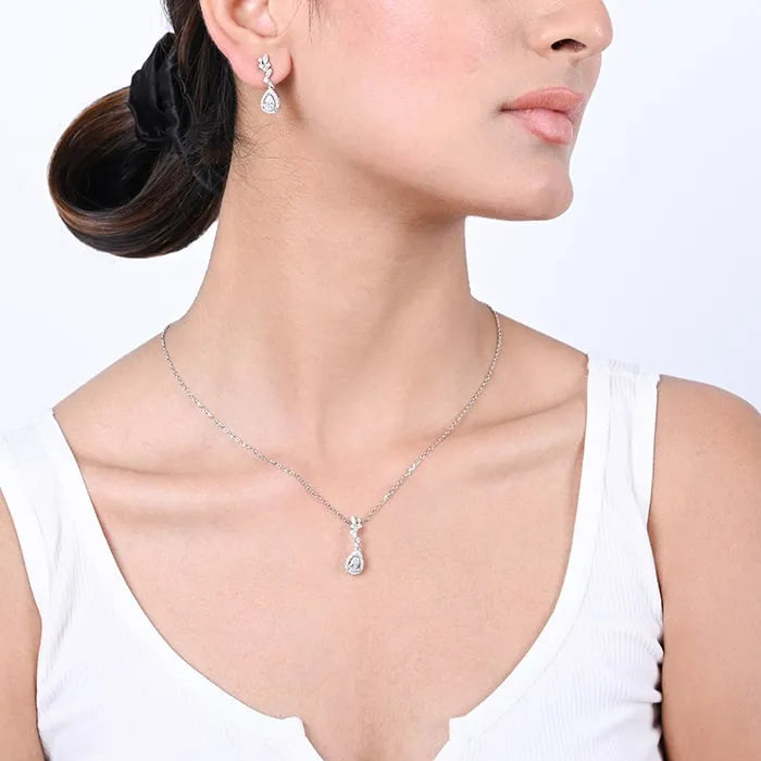 Silver Petal Stone Necklace Set - Touch925