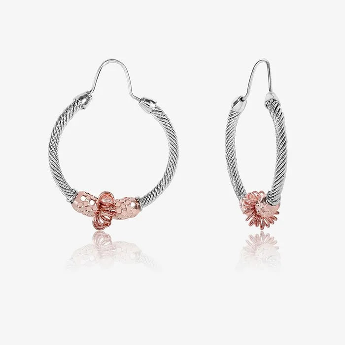 Twisted Silver Charm Rose Gold Hoops - Touch925