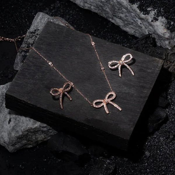 Elegant Bow Rose Gold Pendant Chain Set - Touch925