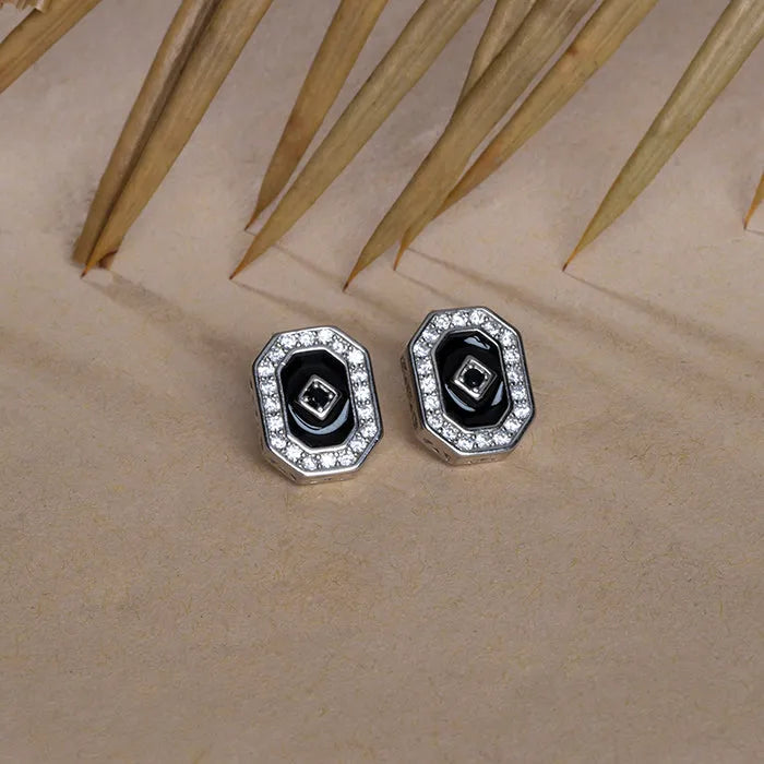 Black Enamel Sleek Cut CZ Stud - Touch925