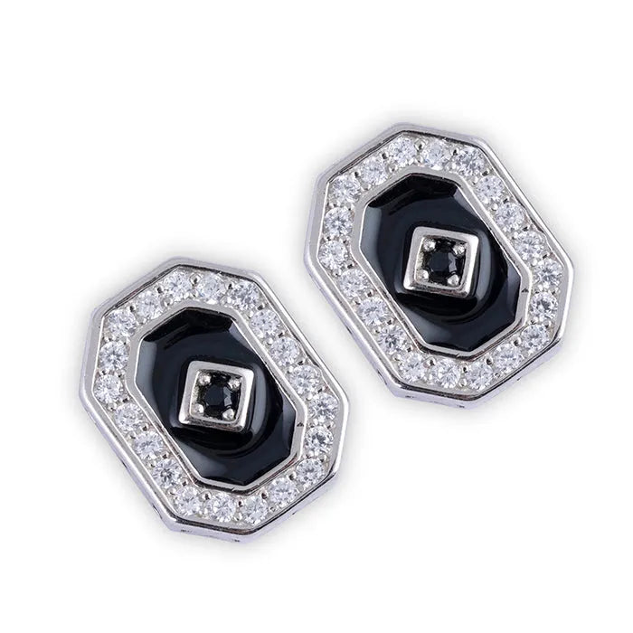 Black Enamel Sleek Cut CZ Stud - Touch925