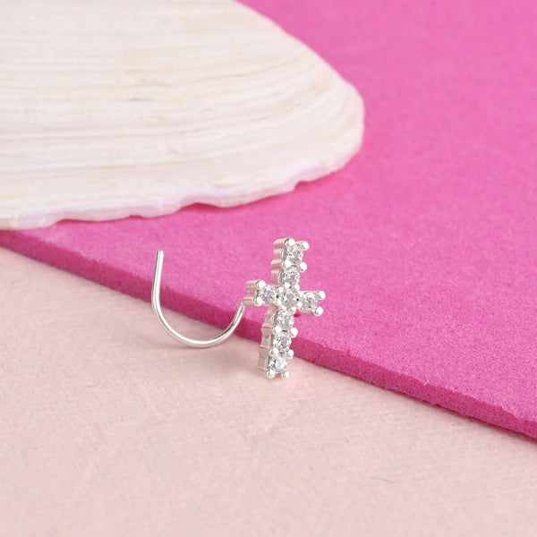 Cross Charm Silver Nose Pin