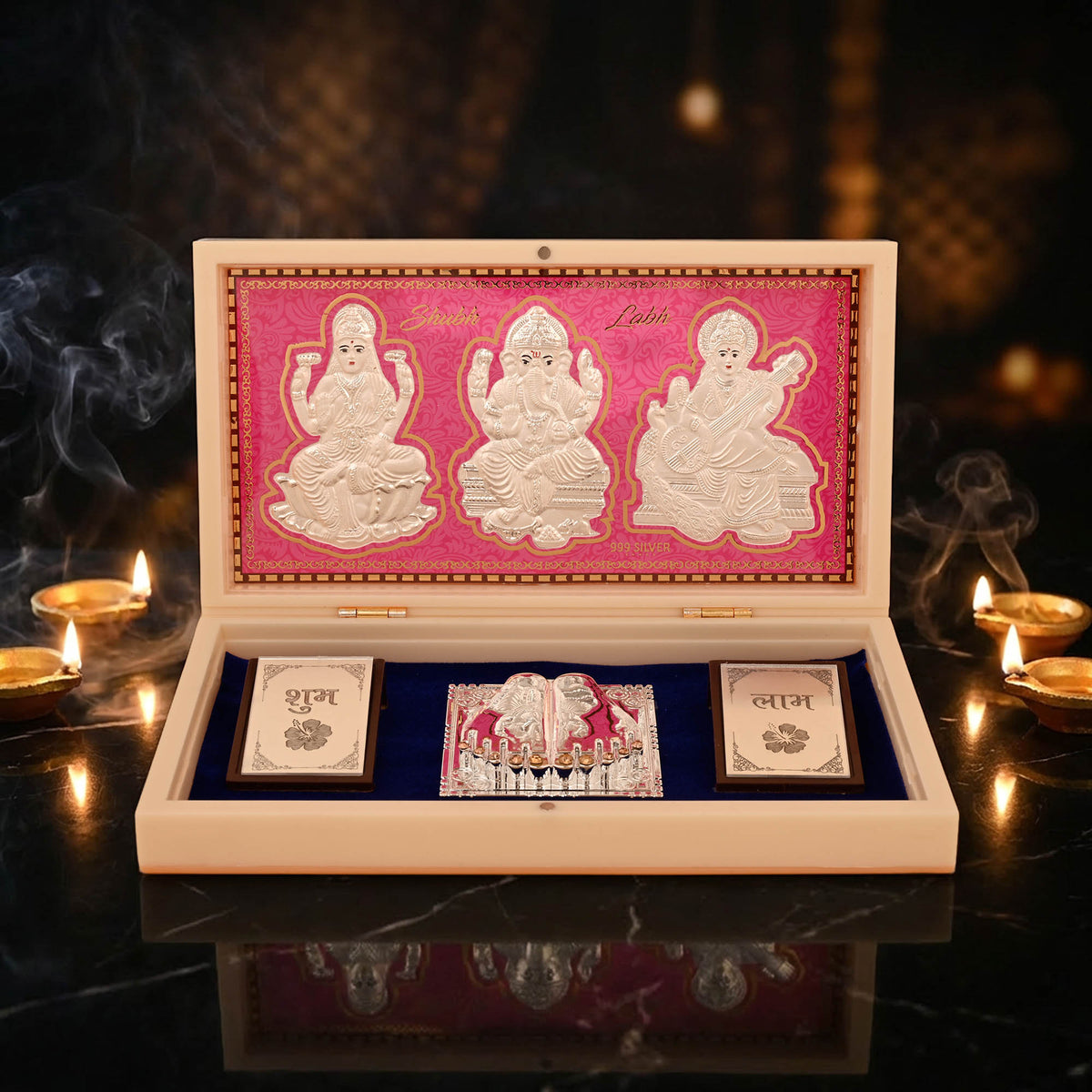 999 Silver Lakshmi Ganesh Saraswati Paduka Box