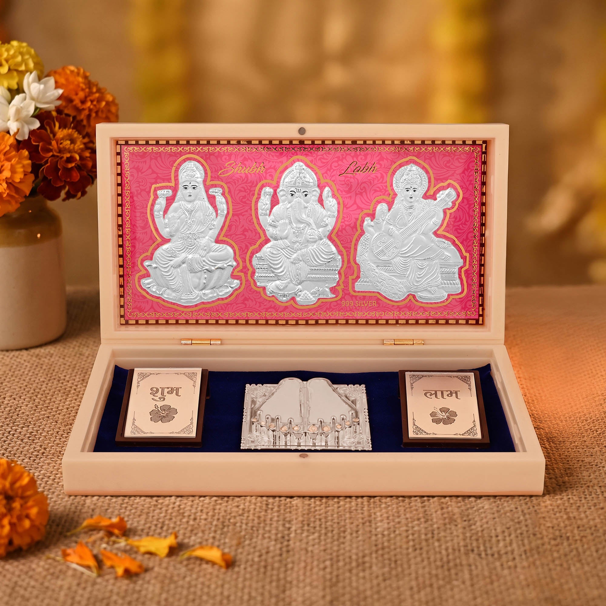 999 Silver Lakshmi Ganesh Saraswati Paduka Box - Touch925 Silver