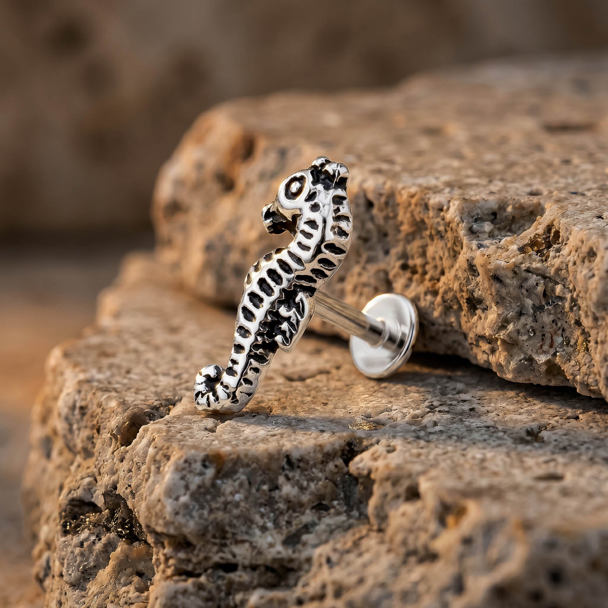 Oxidized Seahorse Silver Stud Earring