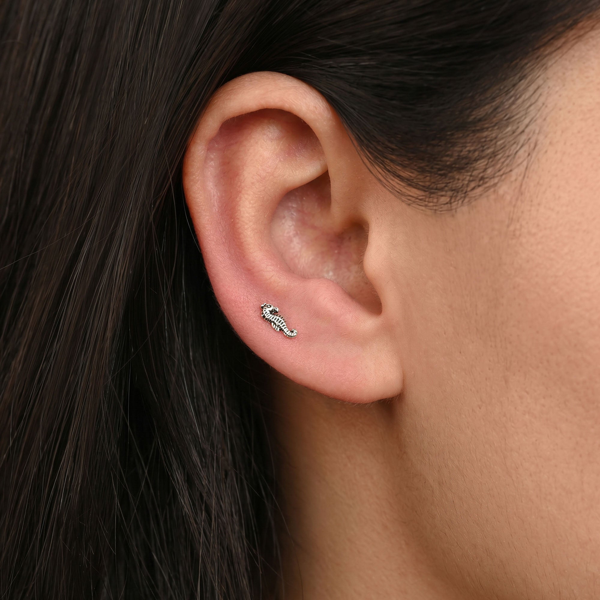 Oxidized Seahorse Silver Stud Earring