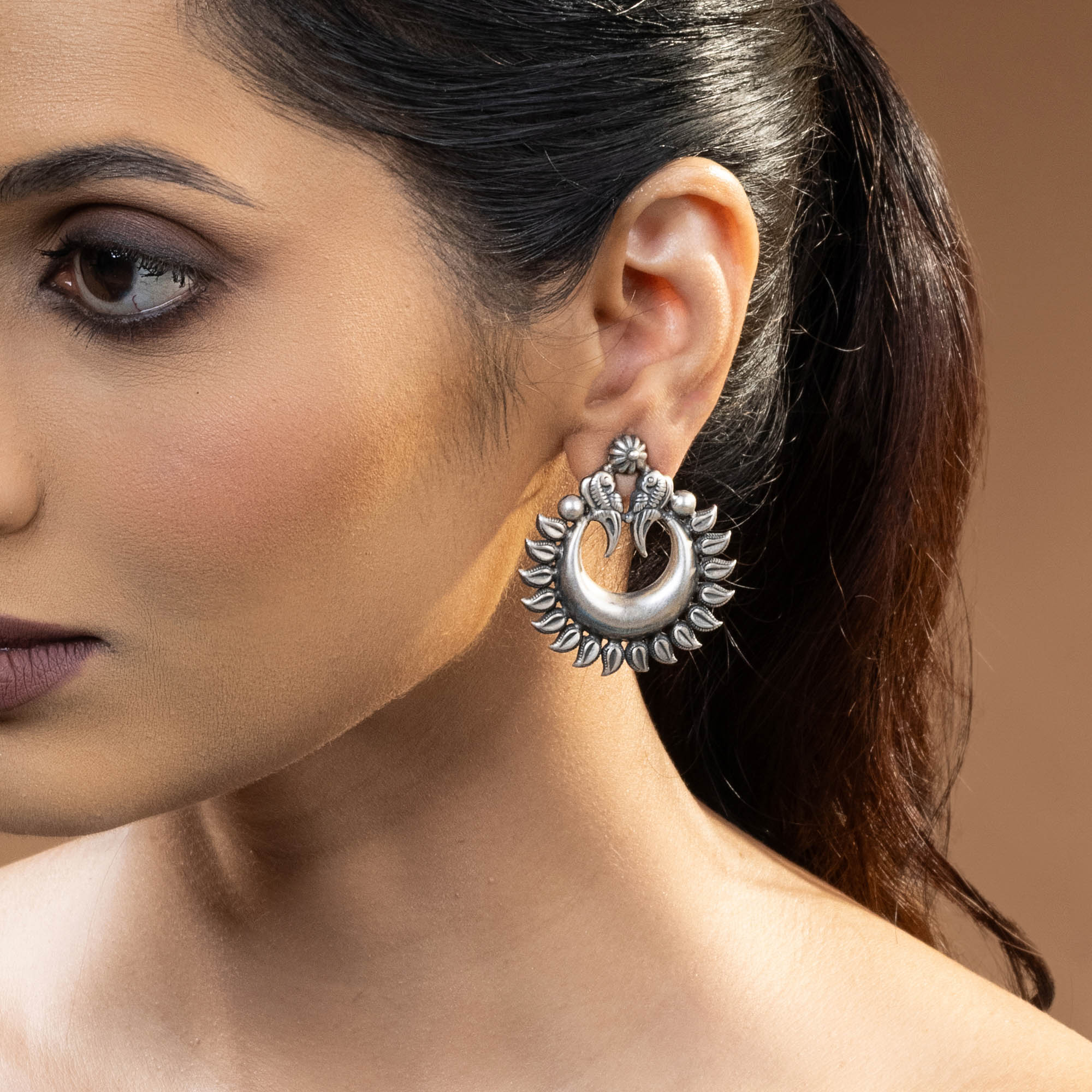Crescent Motif Silver Earrings