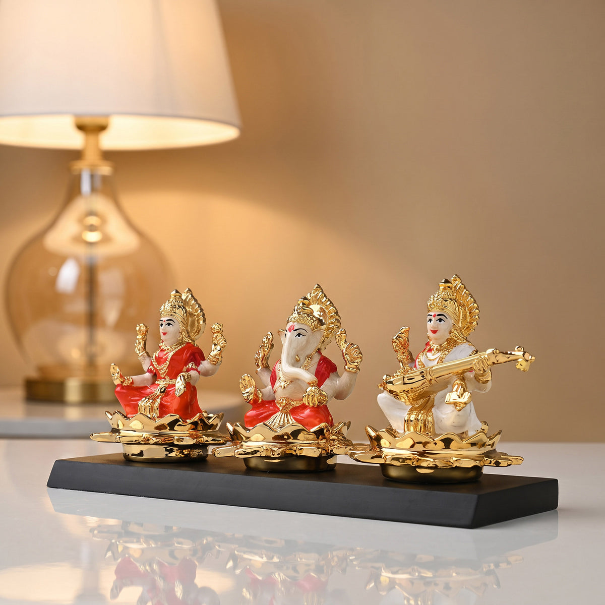 24K Gold Plated Lakshmi Ganesh Saraswati Idol Set