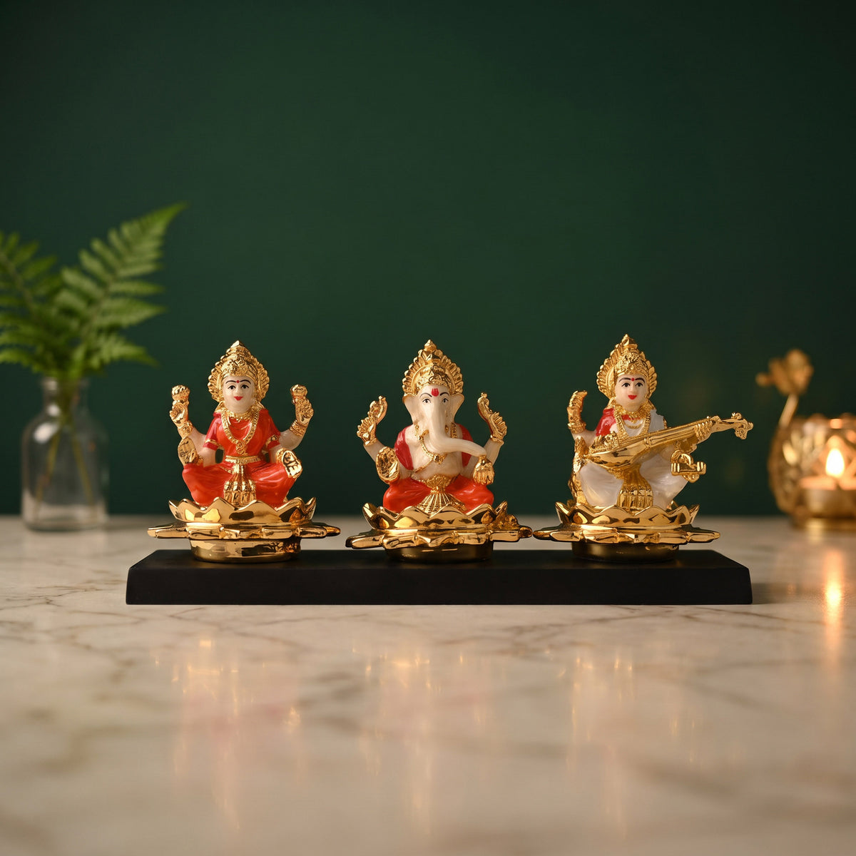 24K Gold Plated Lakshmi Ganesh Saraswati Idol Set