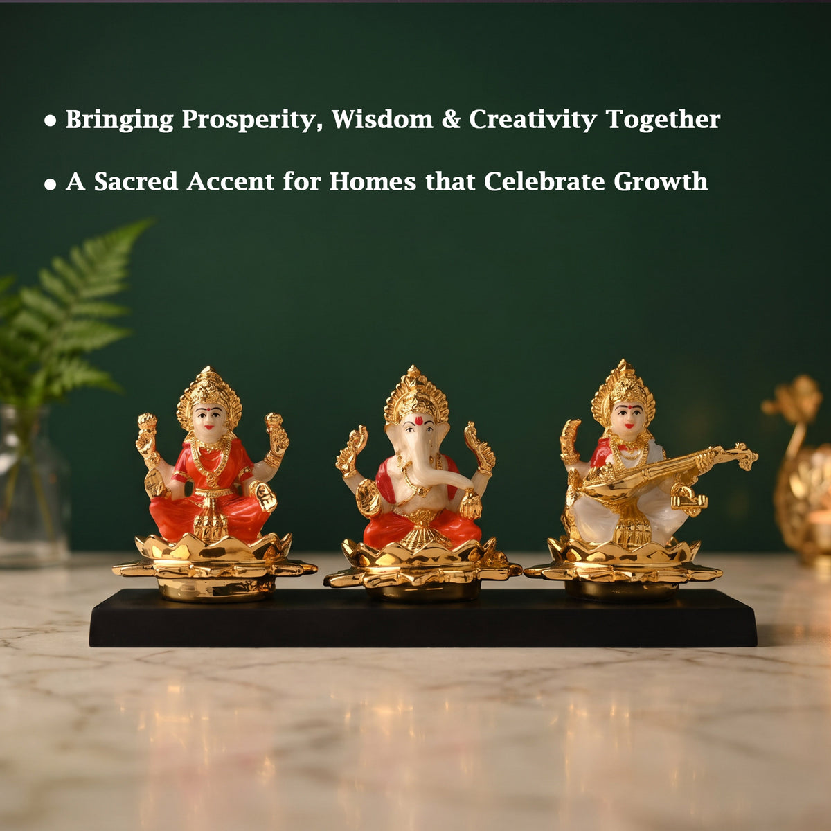 24K Gold Plated Lakshmi Ganesh Saraswati Idol Set