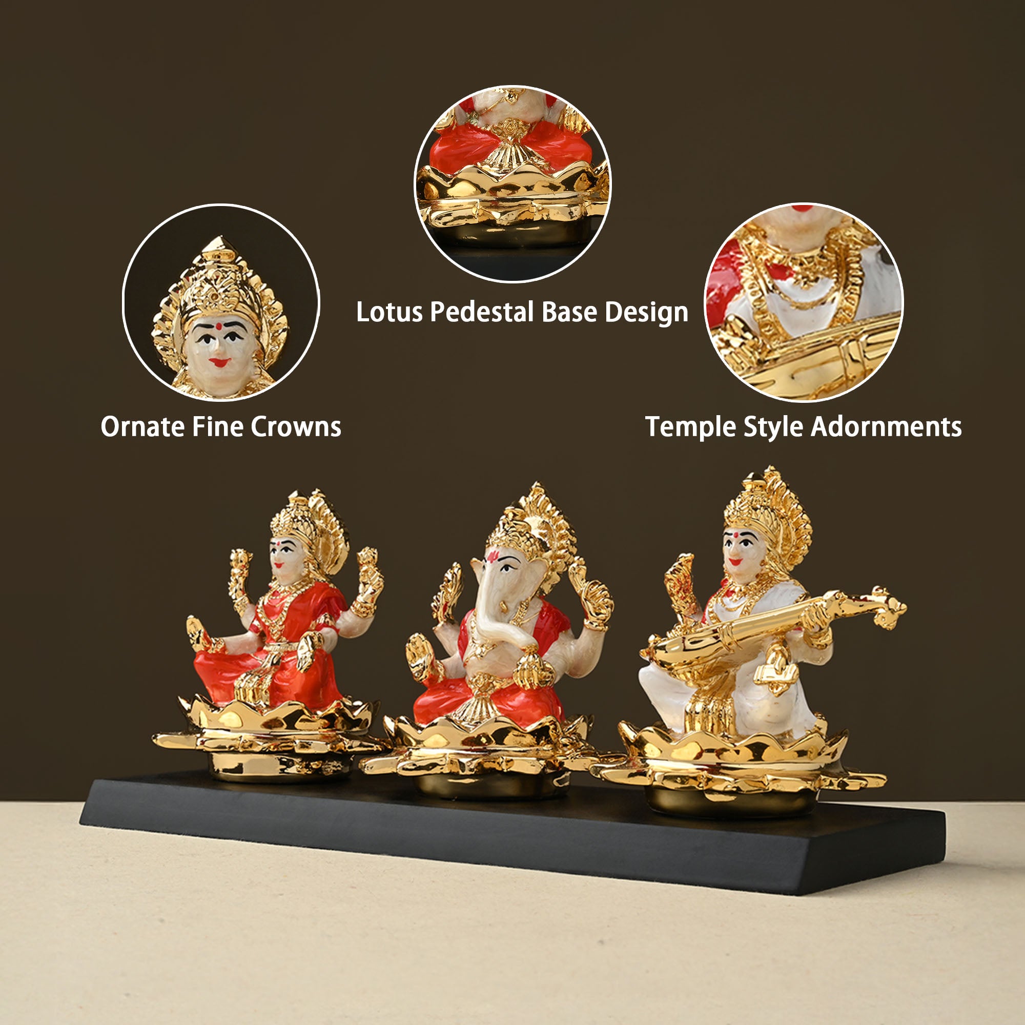 24K Gold Plated Lakshmi Ganesh Saraswati Idol Set