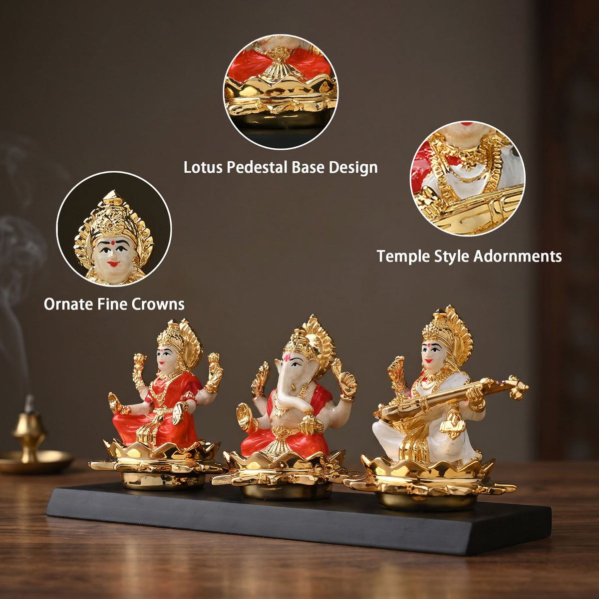 24K Gold Plated Lakshmi Ganesh Saraswati Idol Set