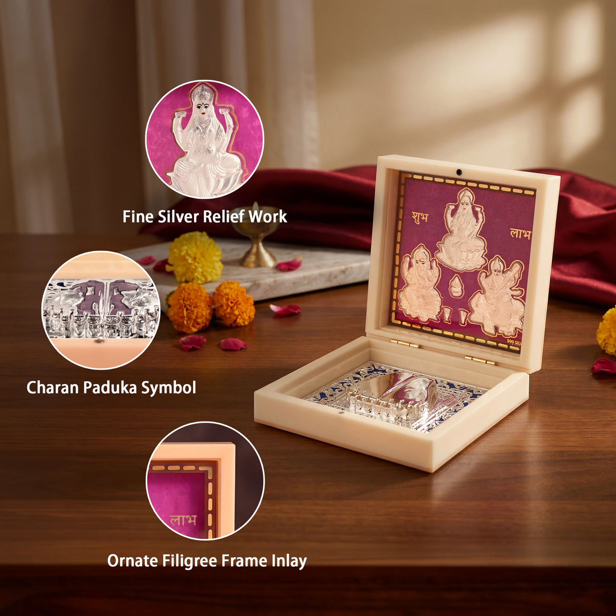 999 Silver Lakshmi Ganesh Saraswati Idol Gift Box