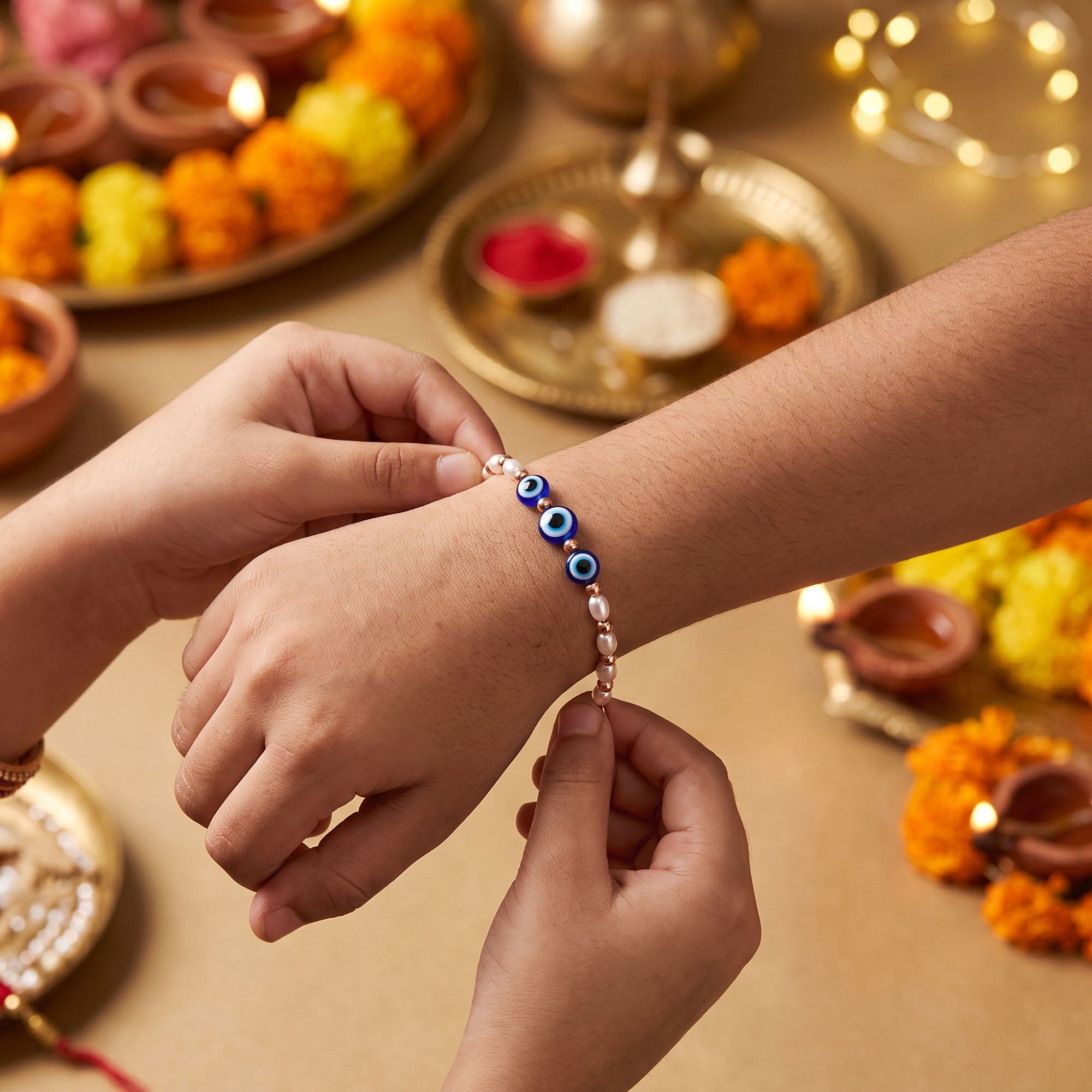 Triple Evil Eye Pearl Rakhi