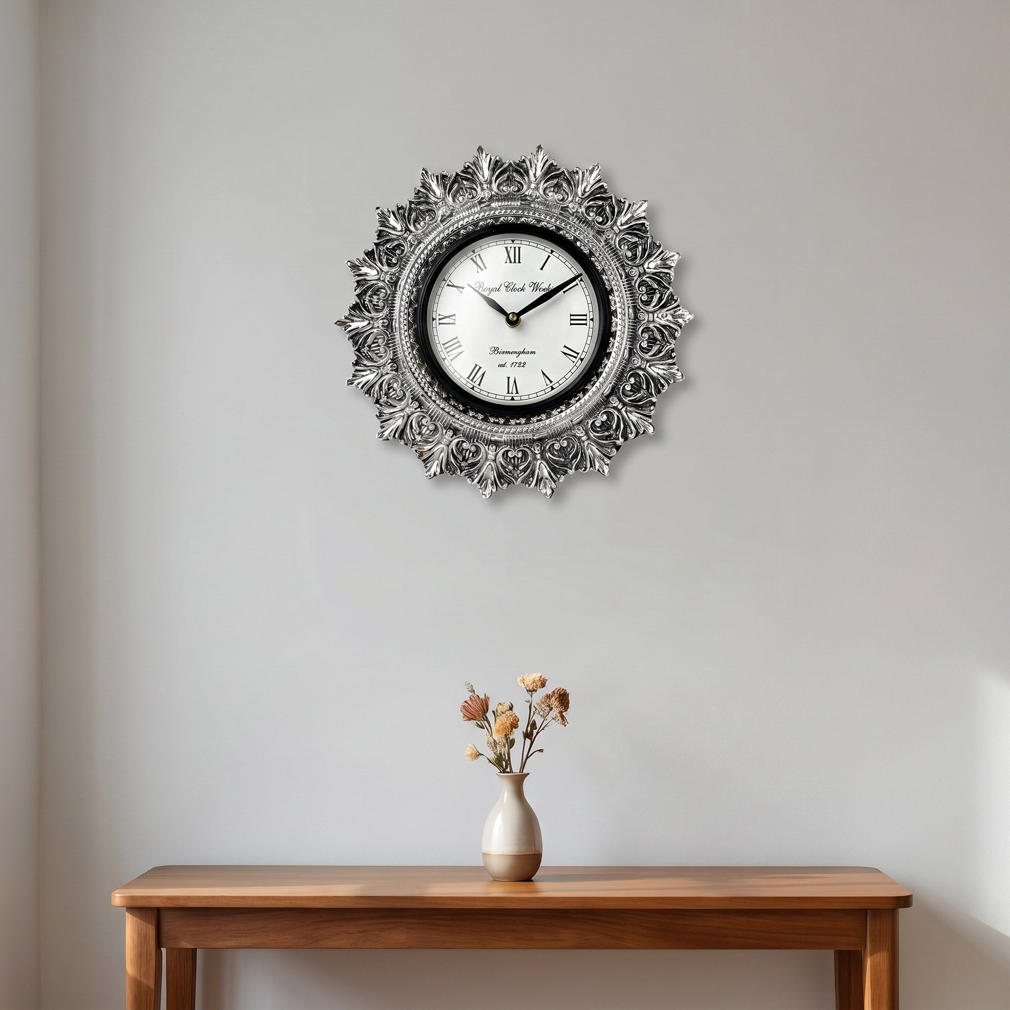 Ornate Sunburst 999 Silver Wall Clock