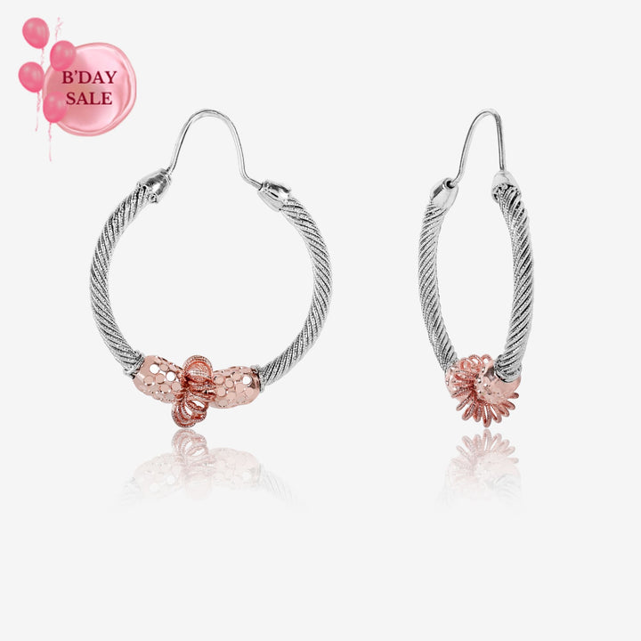 Twisted Silver Charm Rose Gold Hoops - Touch925