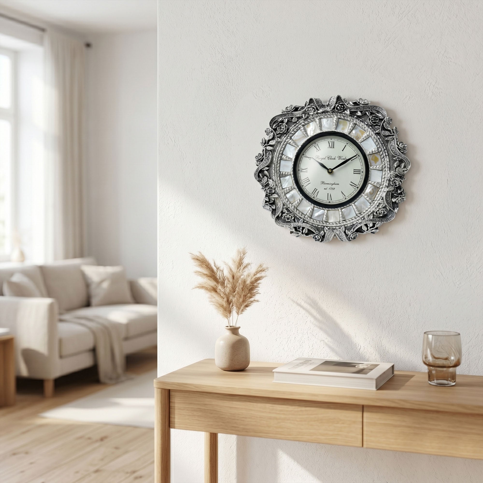 Mother of Pearl & Floral 999 Silver Wall Clock