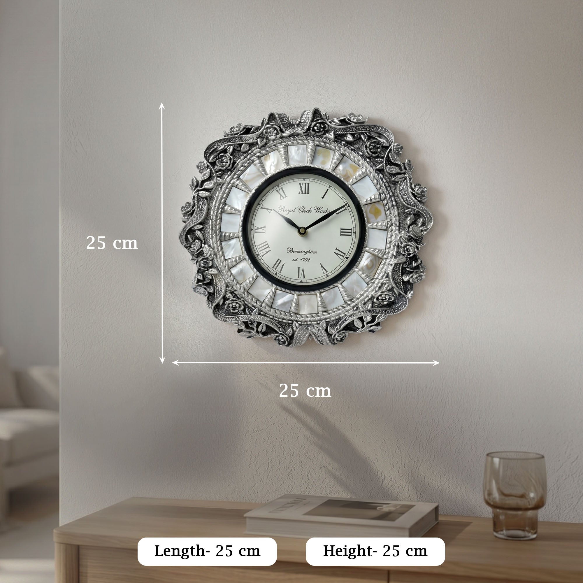 Mother of Pearl & Floral 999 Silver Wall Clock