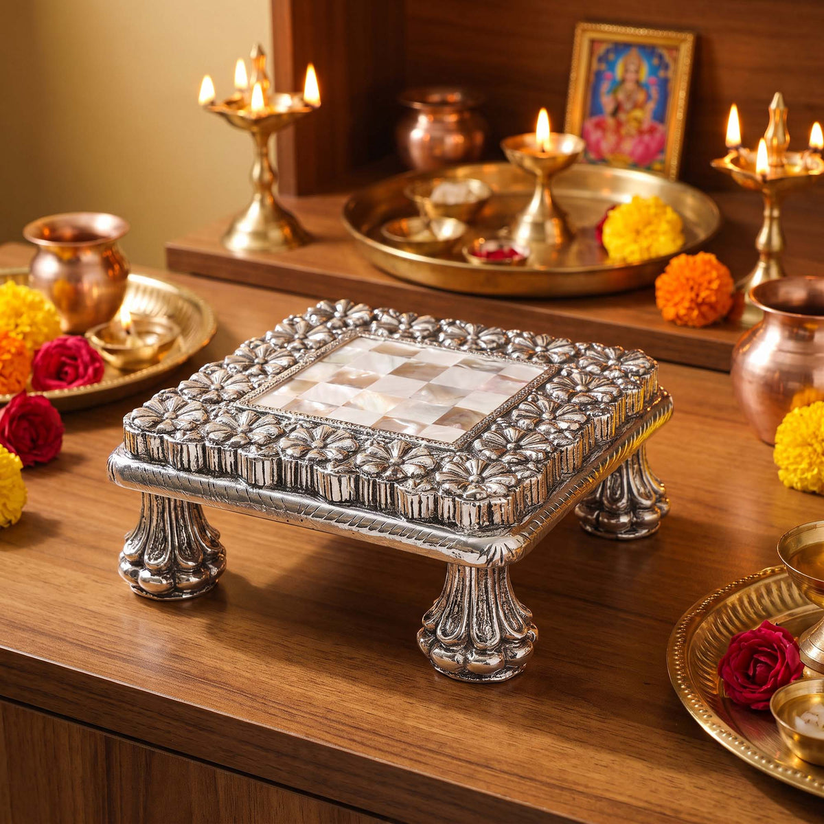 999 Silver Plated Pooja Chowki