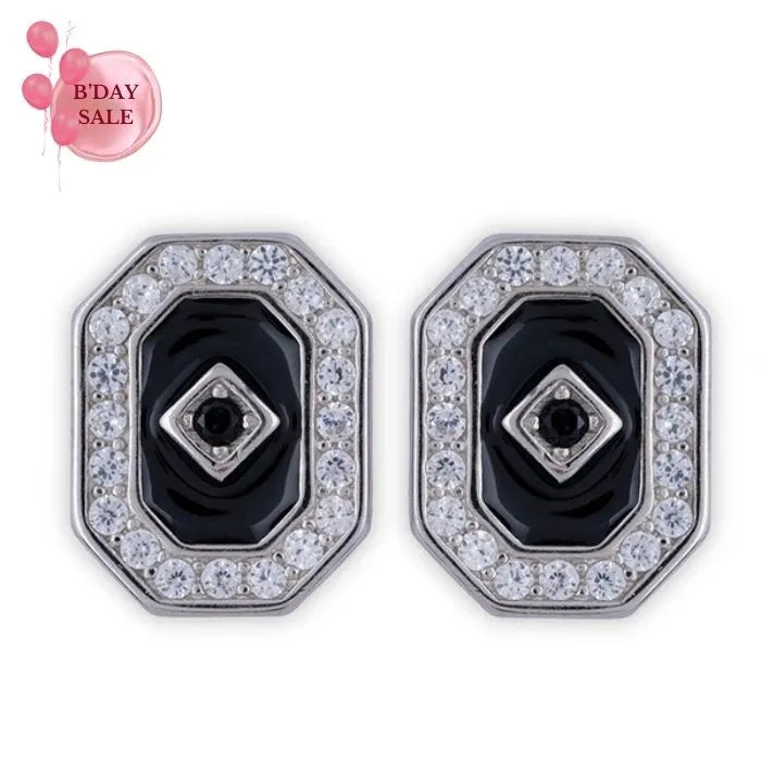 Black Enamel Sleek Cut CZ Stud - Touch925