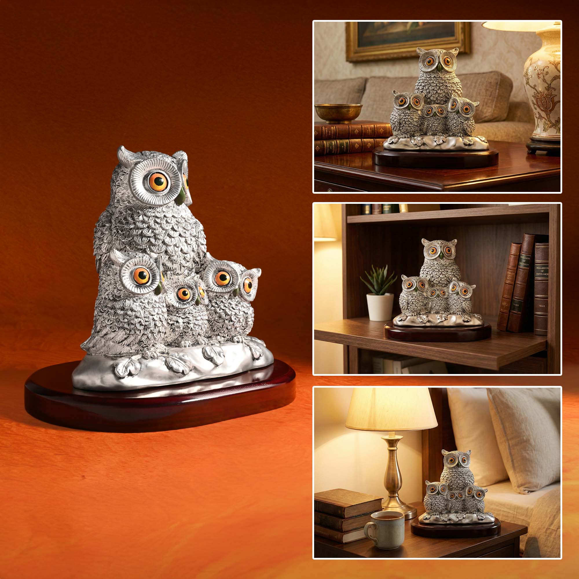 999 Silver Plated Owl Family Showpiece