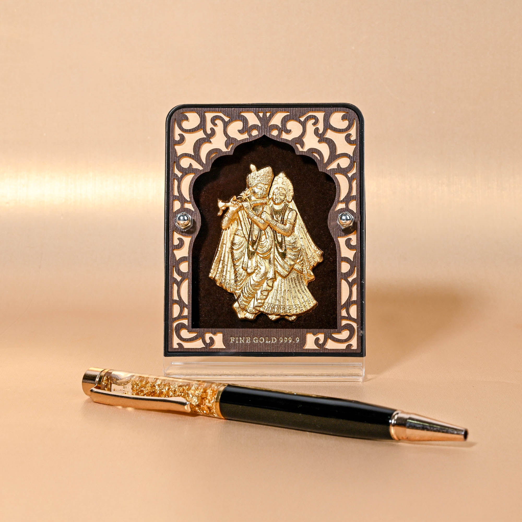 Gold Foil Radha Krishna Frame With Decorative Pen Gift Box