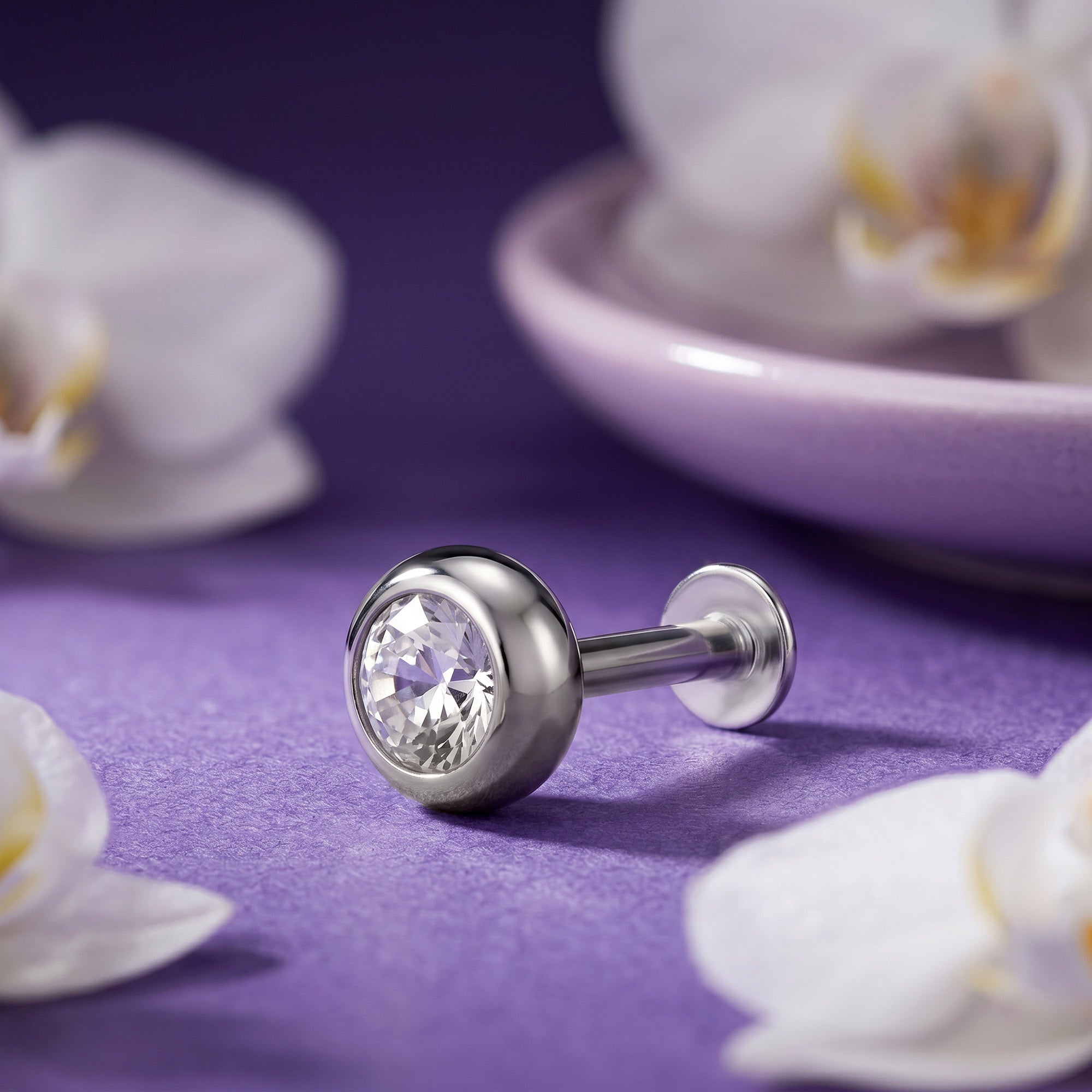 Bezel Round Zircon Silver Stud Earring