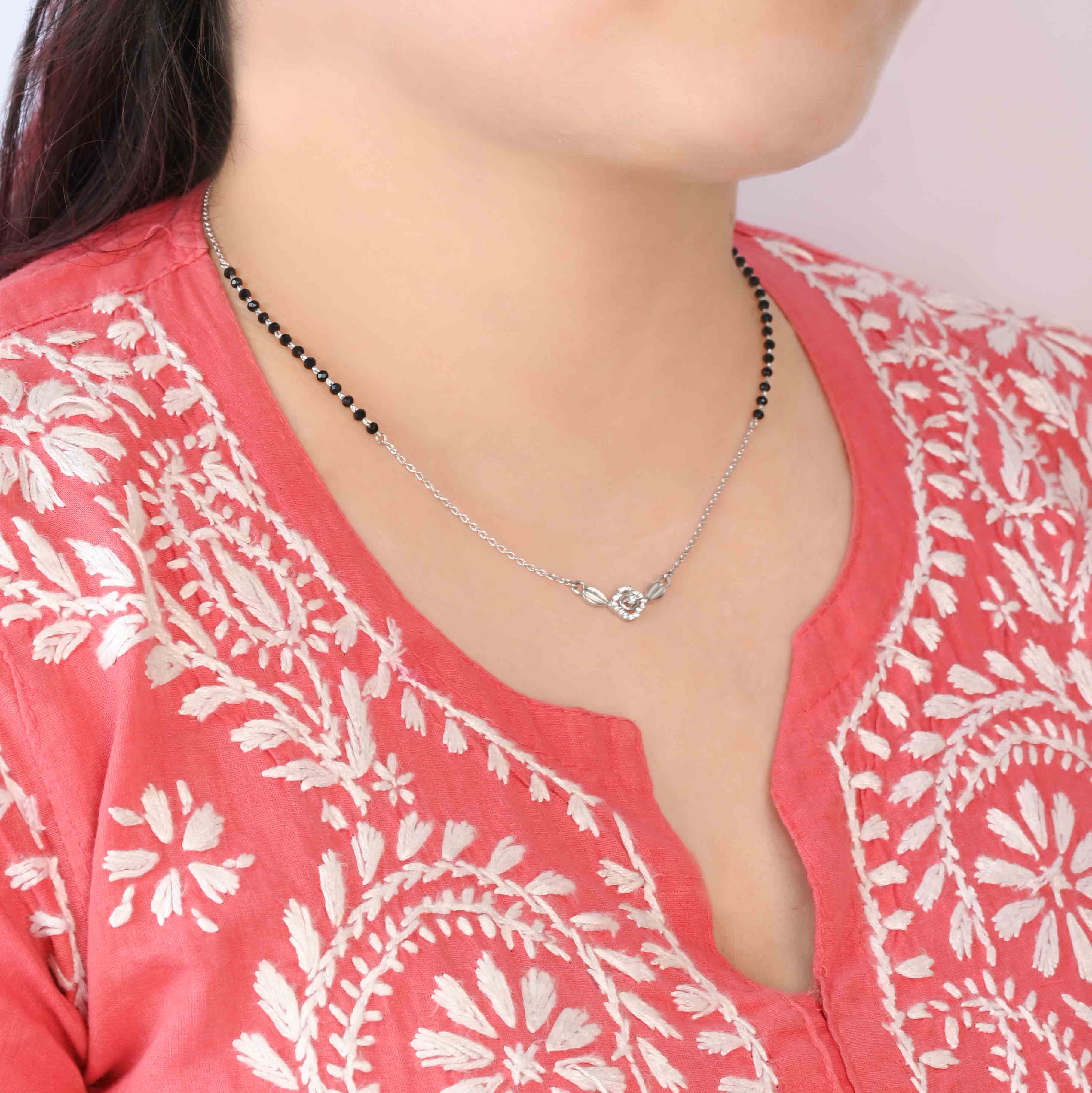 Rose Motif Silver Mangalsutra