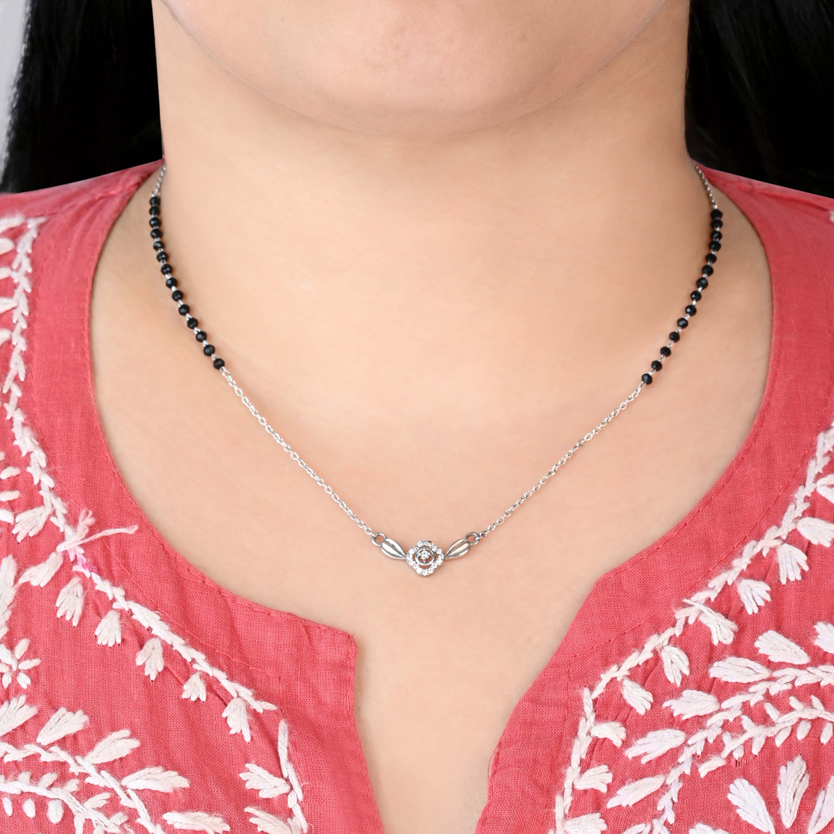 Rose Motif Silver Mangalsutra