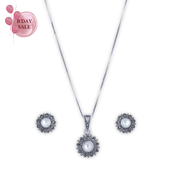 Oxidised Silver Bloom Pendant Set - Touch925