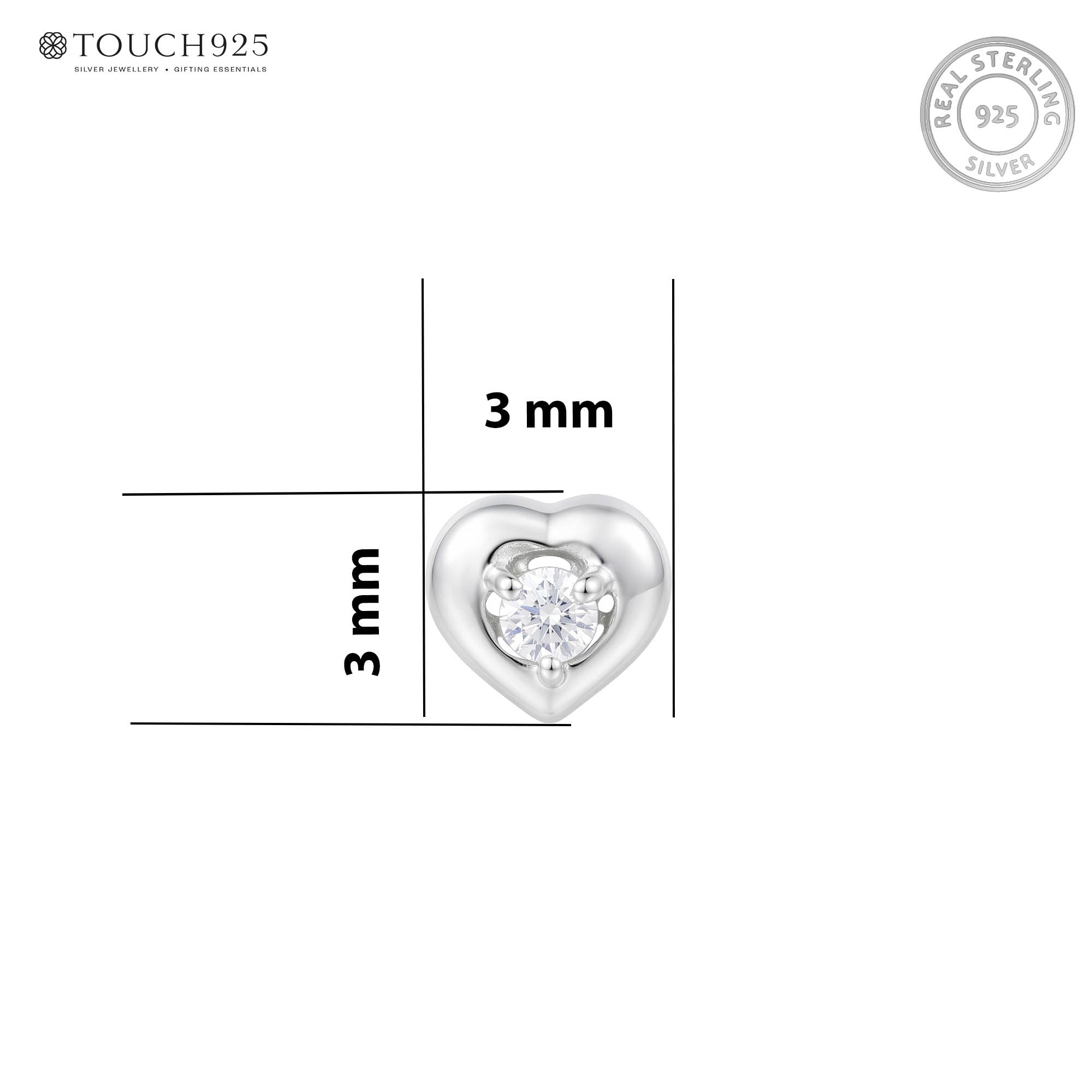 Heart Zircon Solitaire Silver Stud