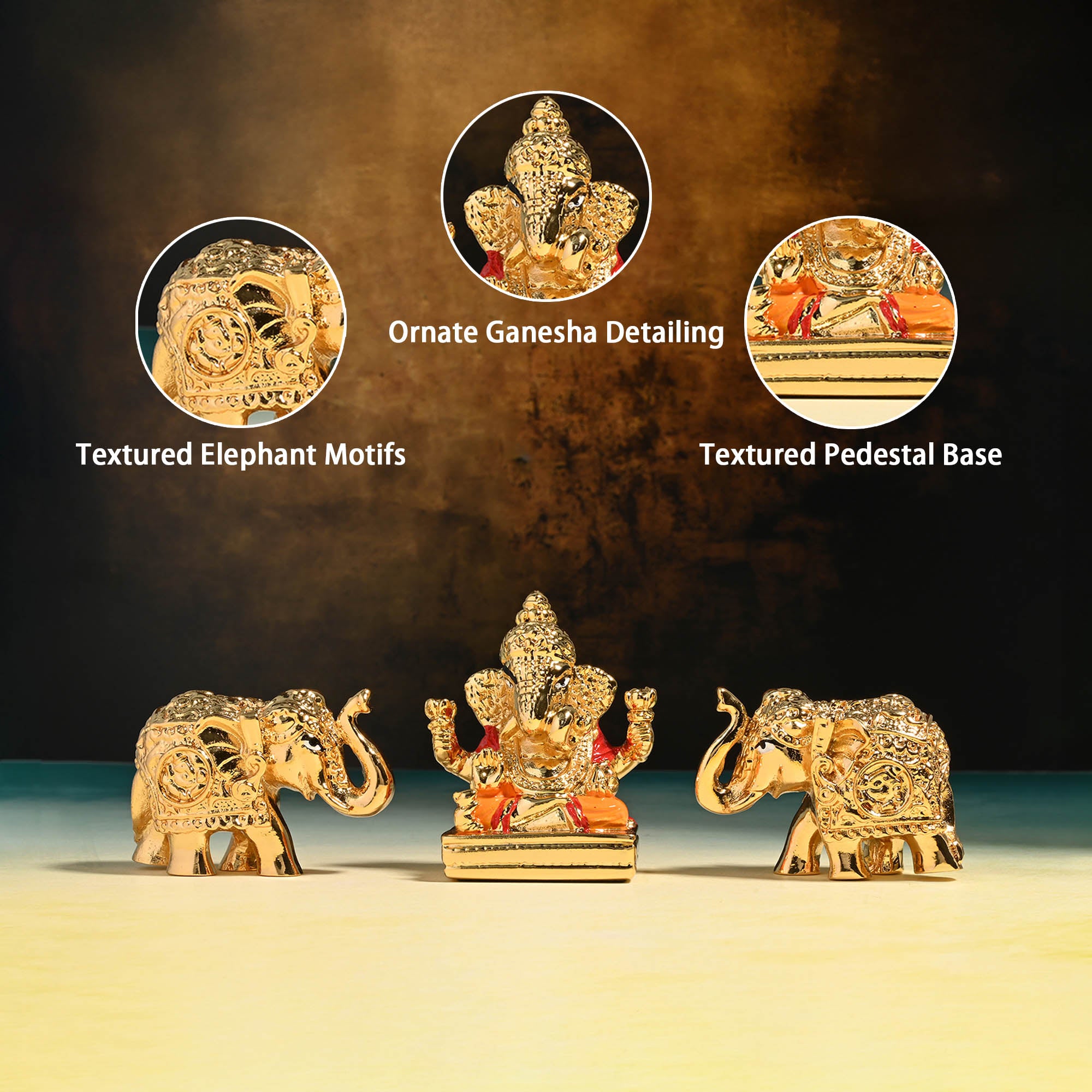24K Gold Foil Ganesha & Elephant Idols Set