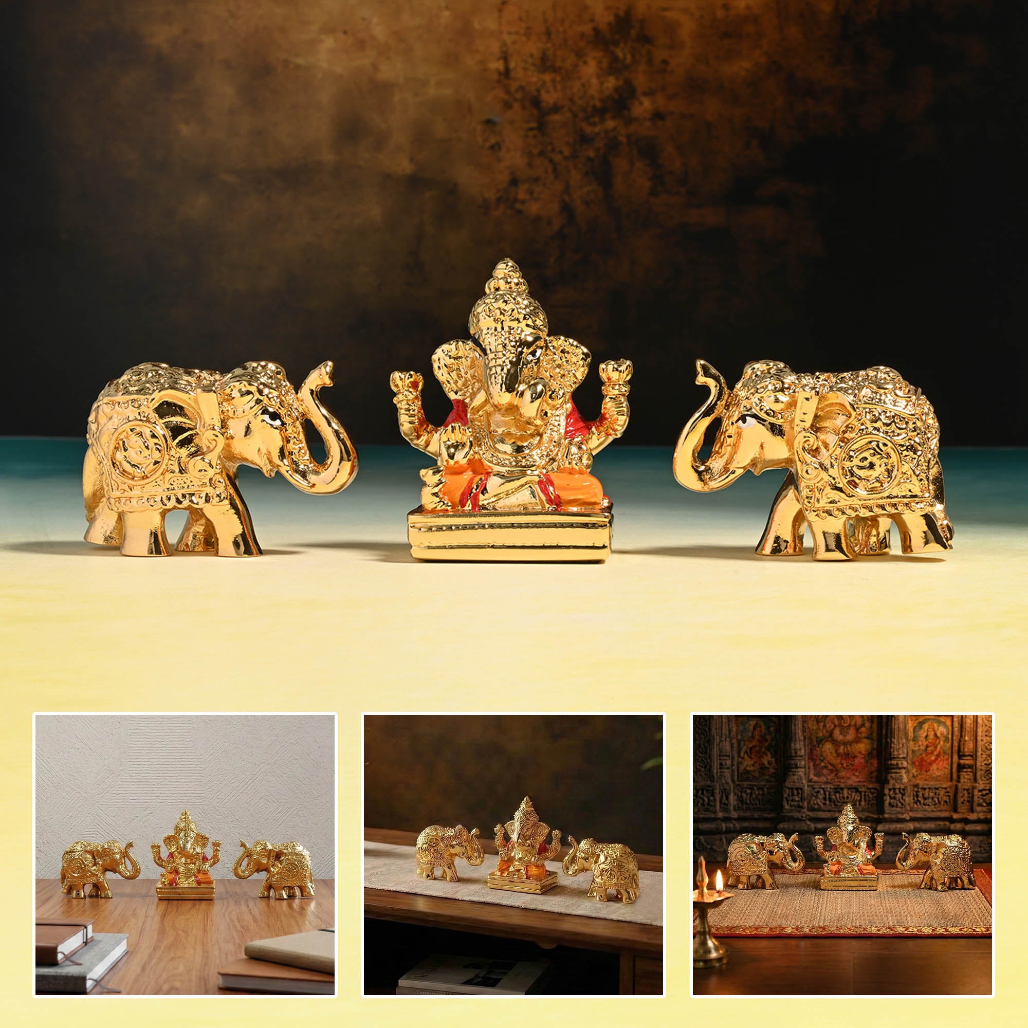 24K Gold Foil Ganesha & Elephant Idols Set