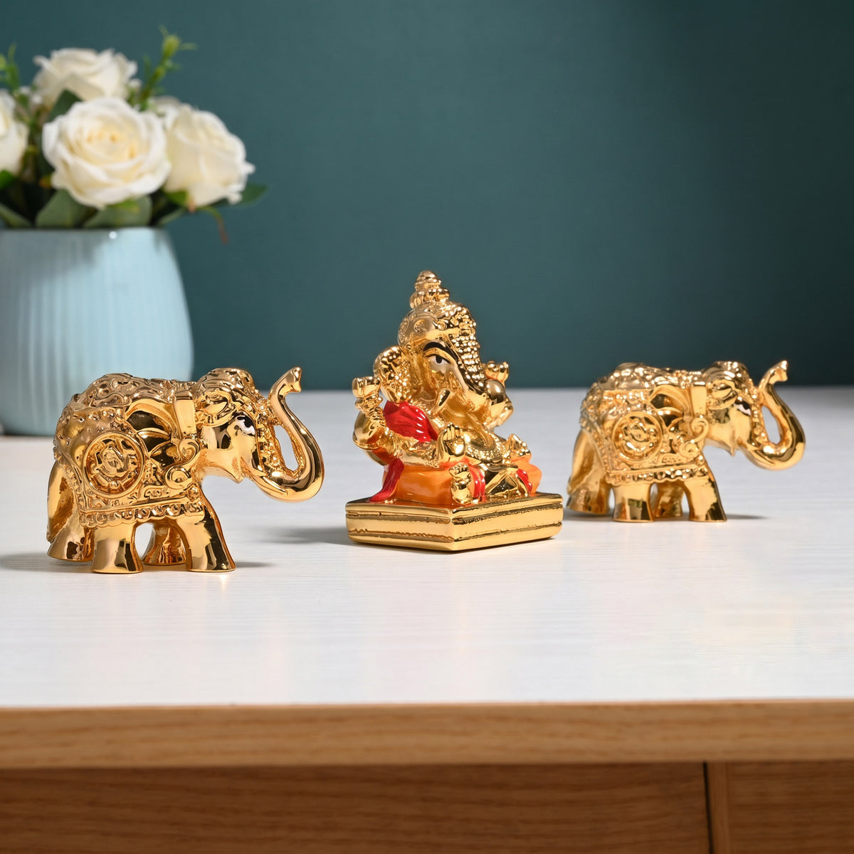 24K Gold Foil Ganesha & Elephant Idols Set