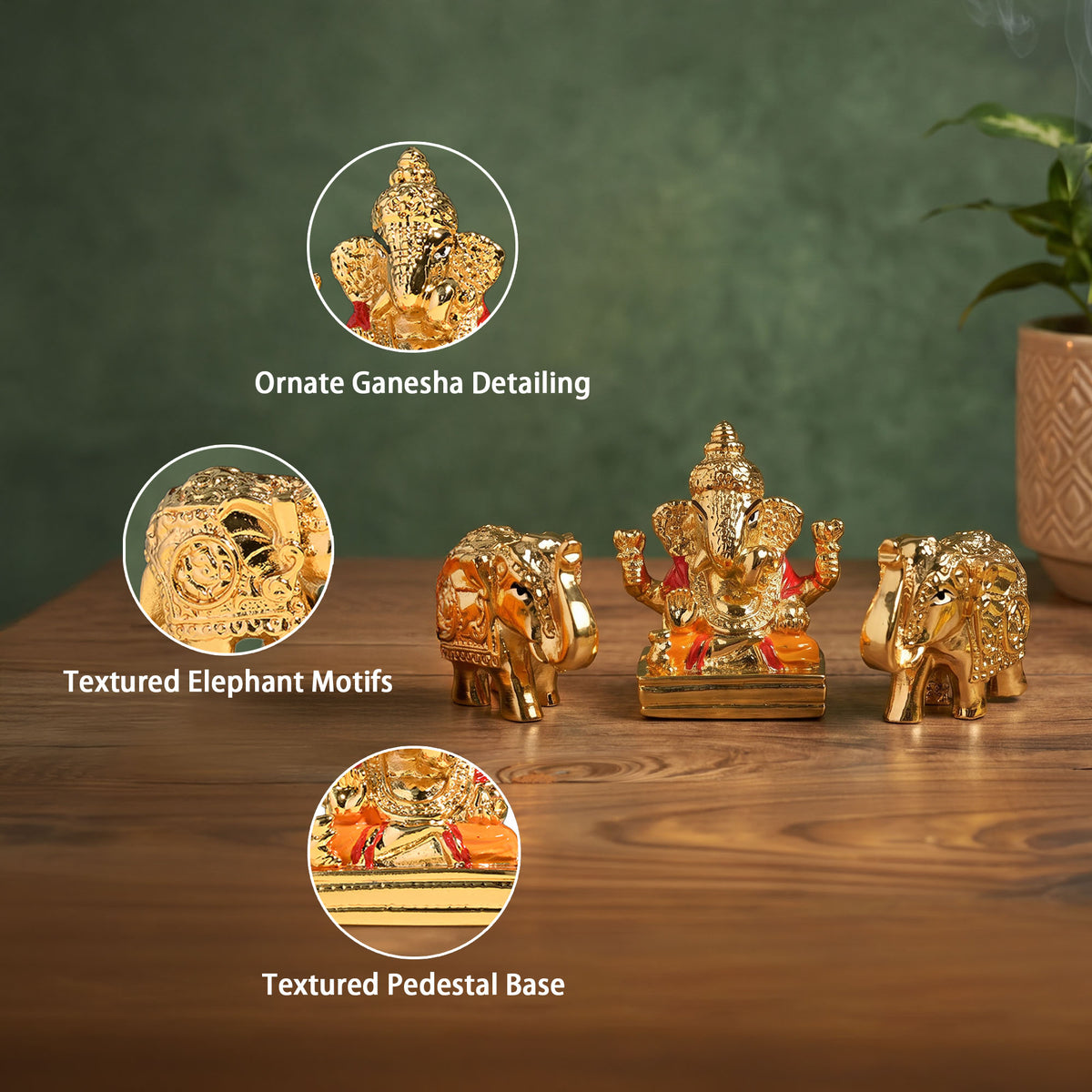 24K Gold Foil Ganesha & Elephant Idols Set