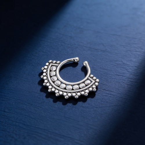 Ornate Zirconia Tribal Silver Nose Pin