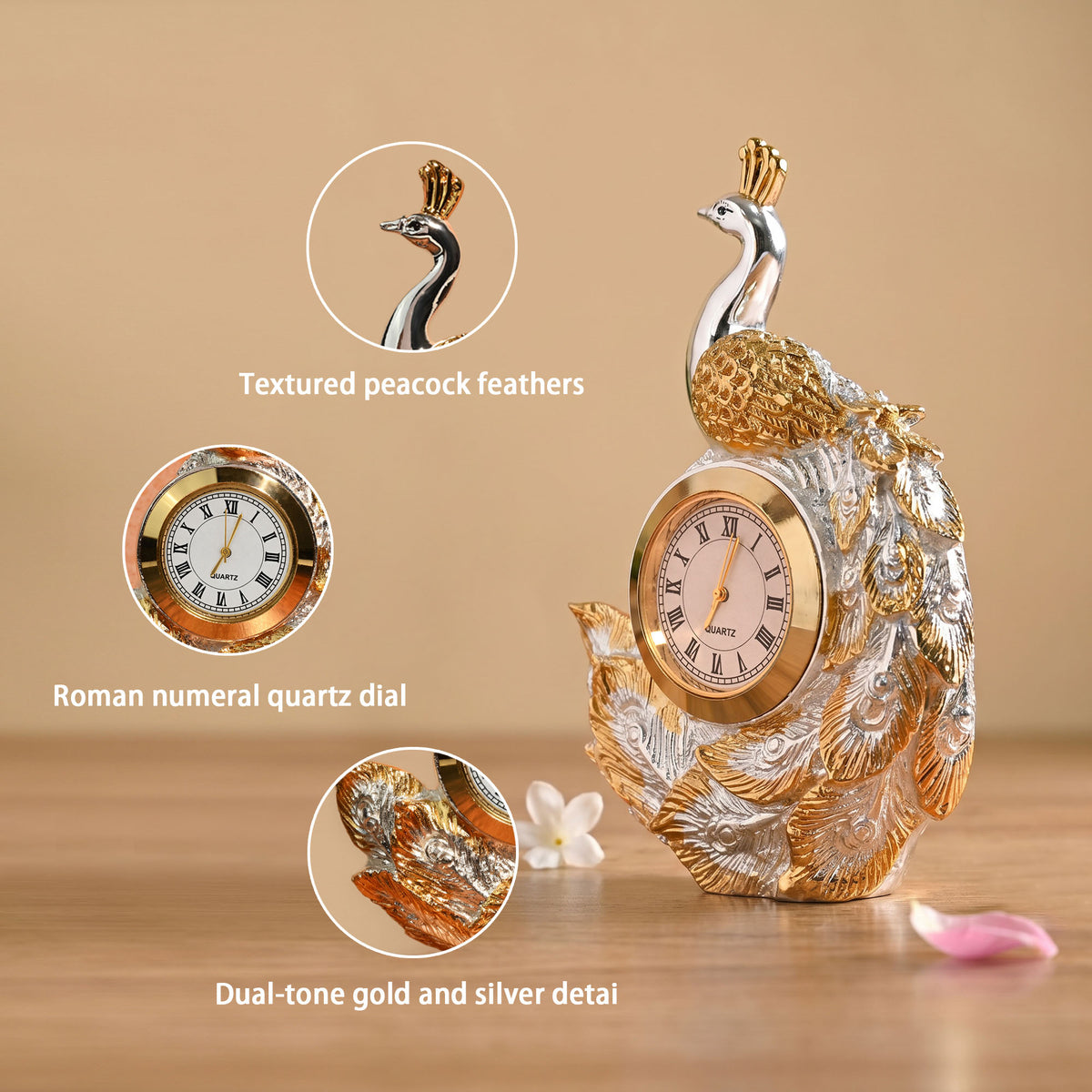 999 Silver Plated Peacock Table Clock
