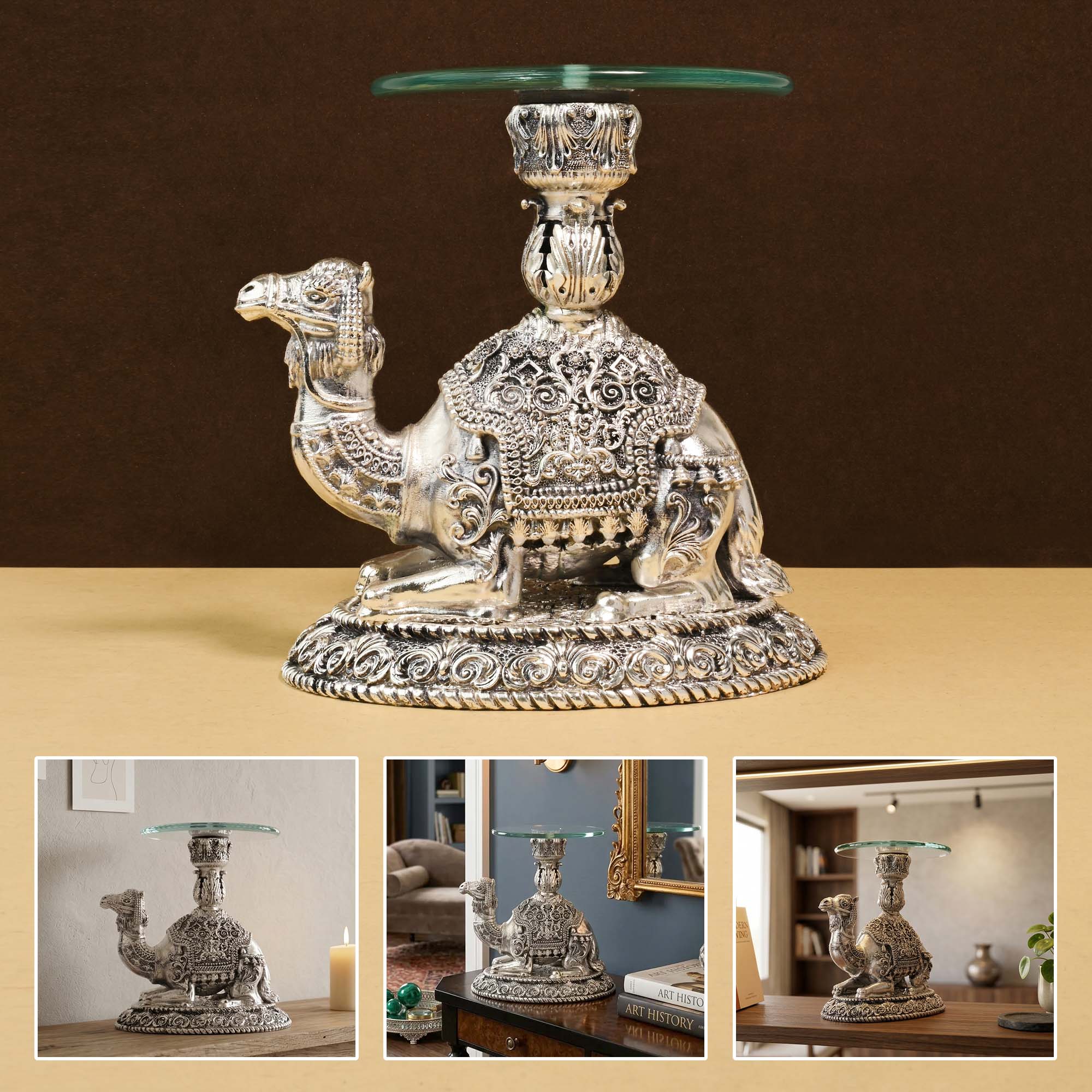 999 Silver Plated Camel Glass Tray