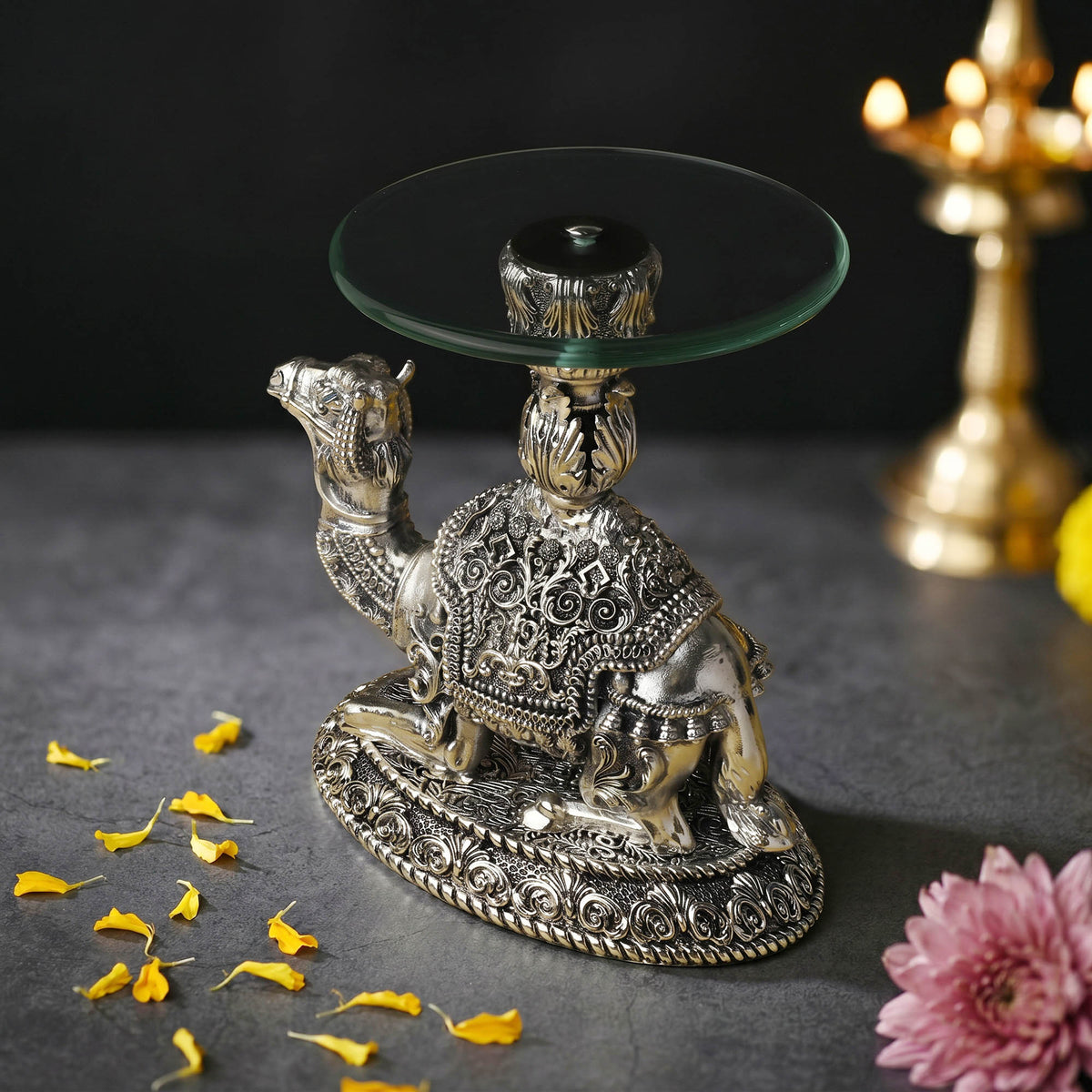 999 Silver Plated Camel Glass Tray