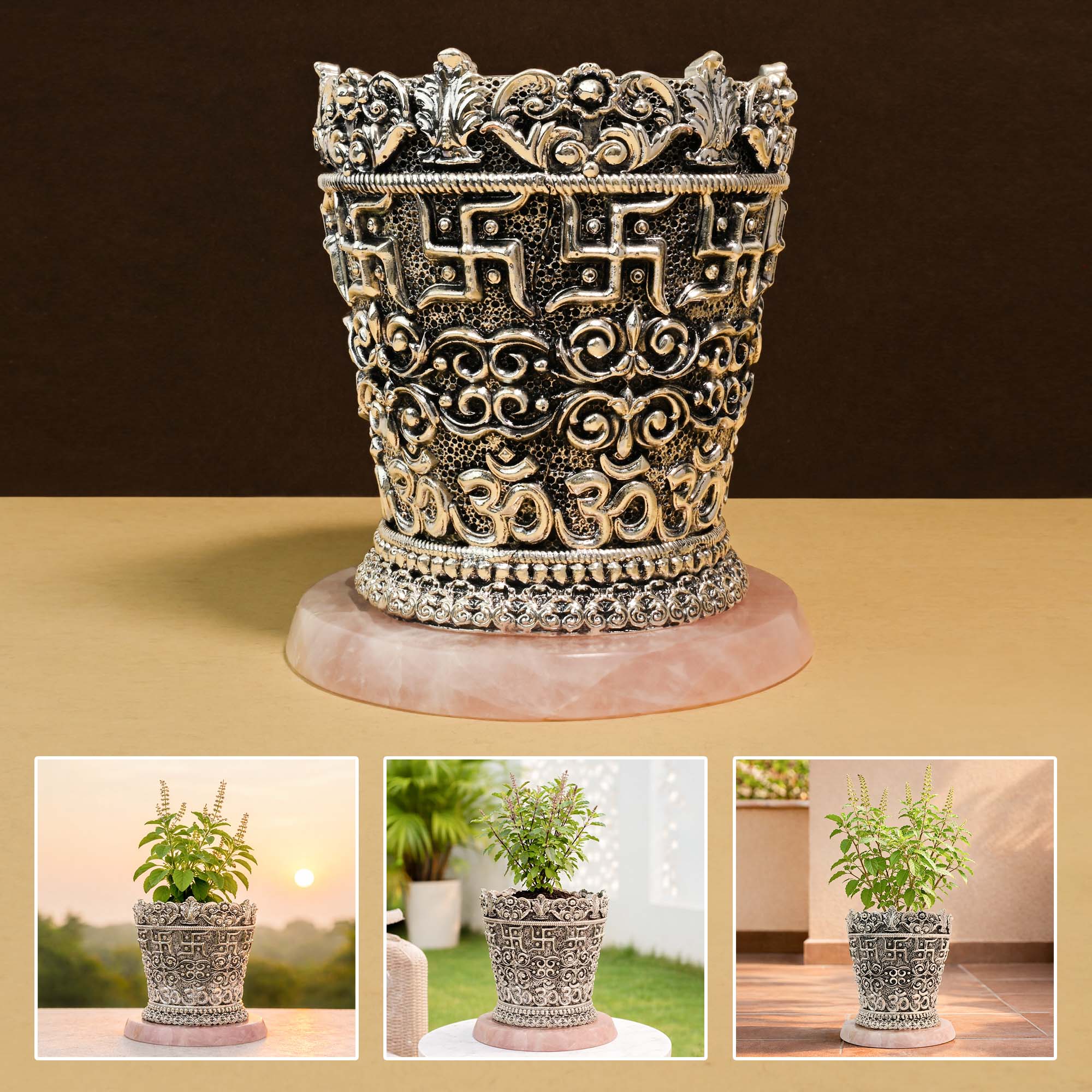 999 Silver Plated Swastik Tulsi Pot