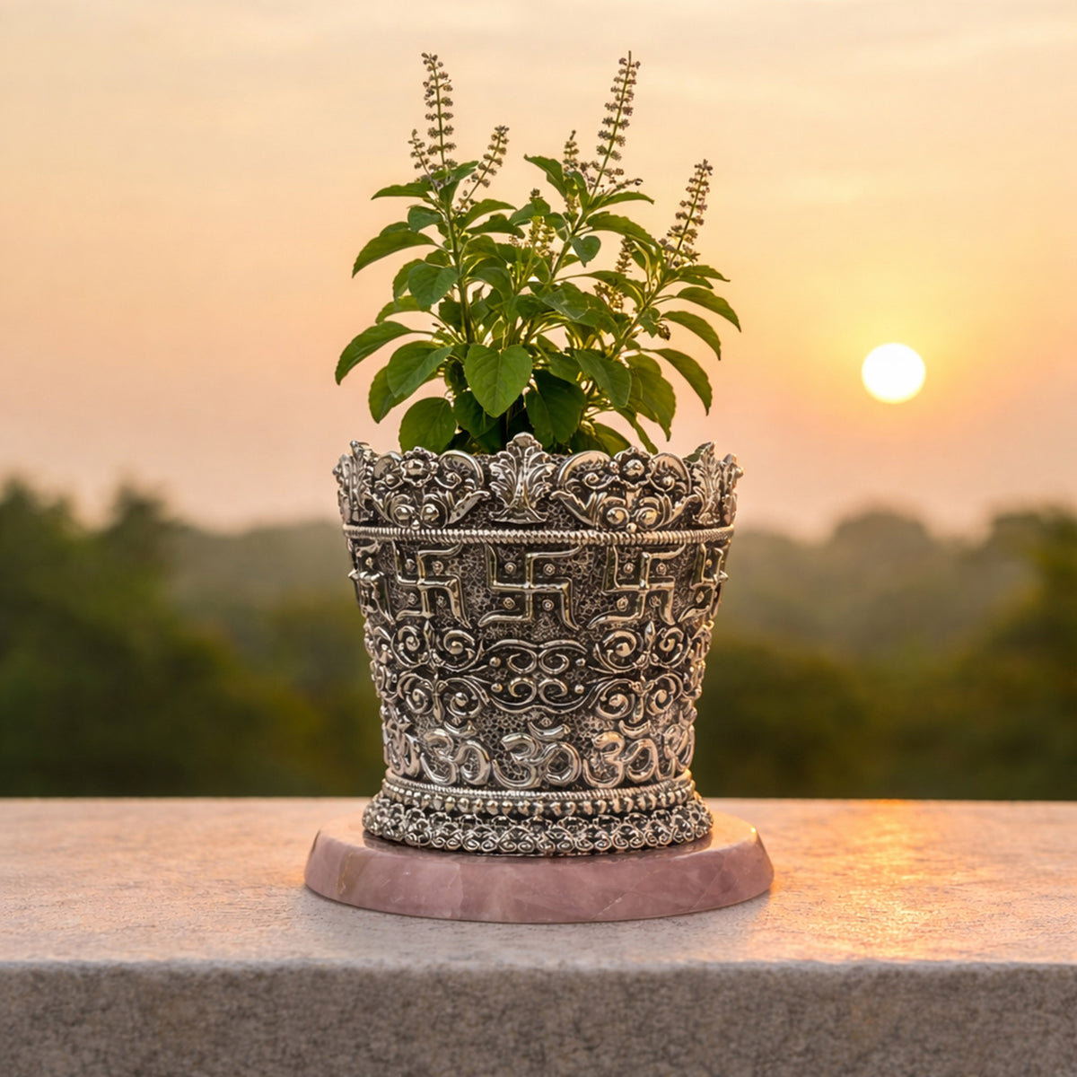 999 Silver Plated Swastik Tulsi Pot