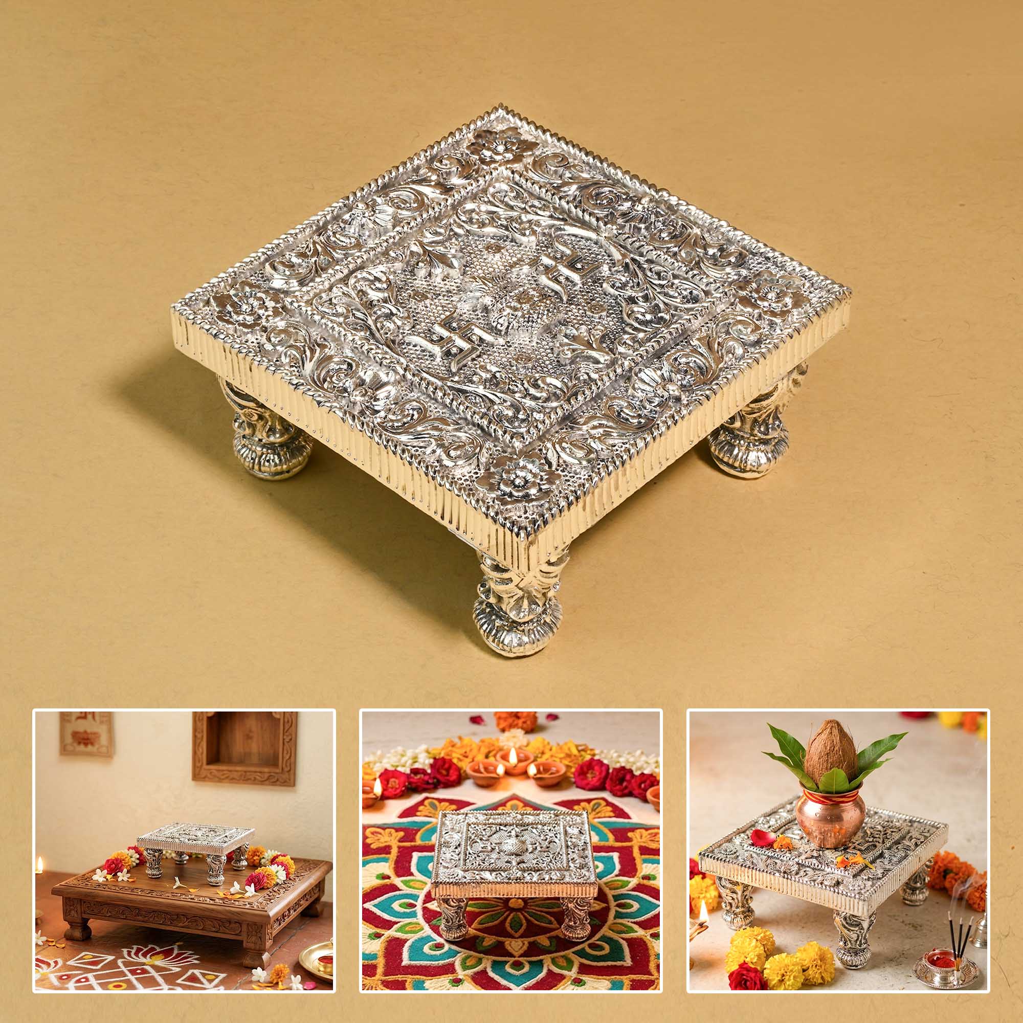 999 Silver Plated Swastik Pooja Chowki