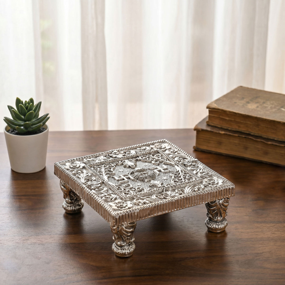 999 Silver Plated Swastik Pooja Chowki