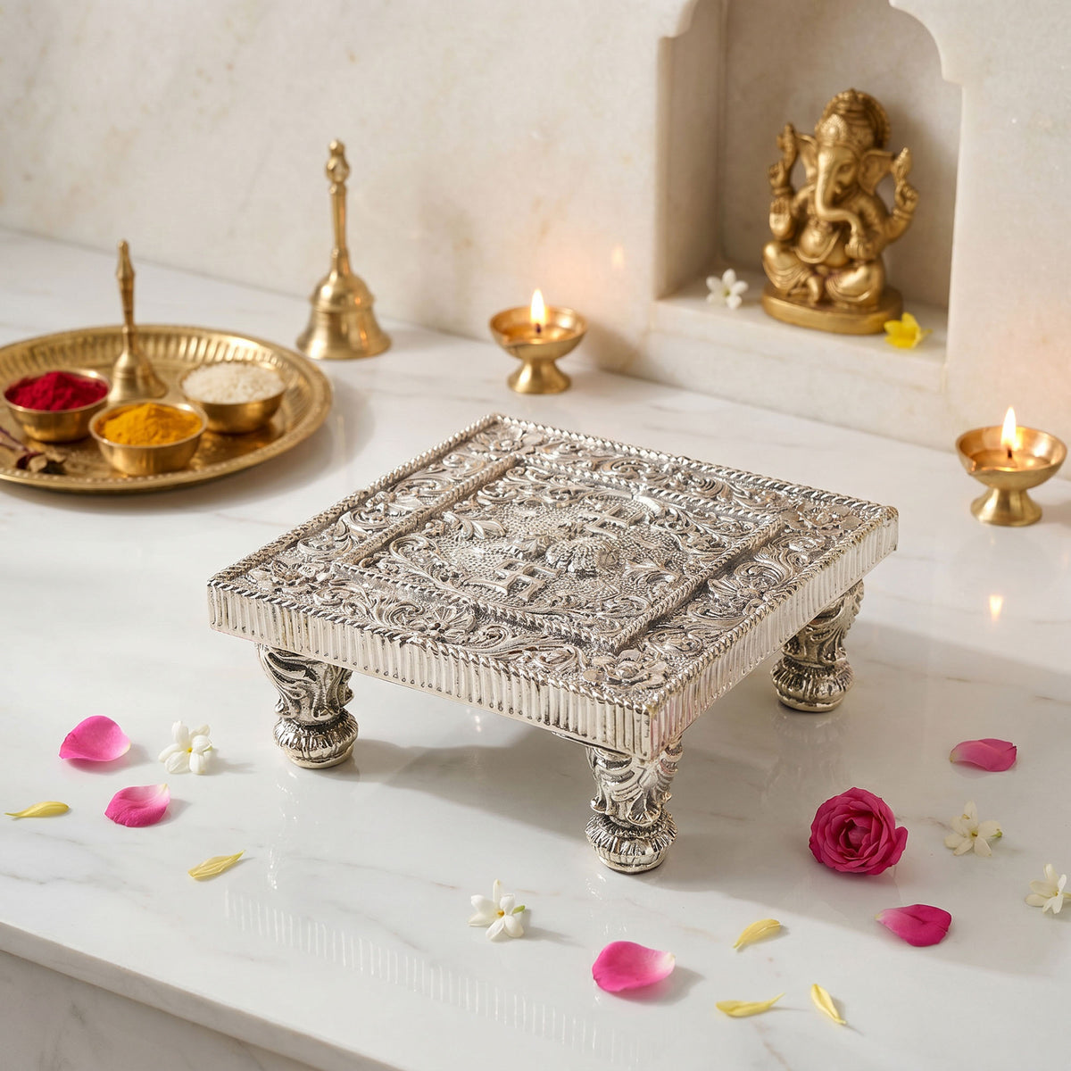 999 Silver Plated Swastik Pooja Chowki