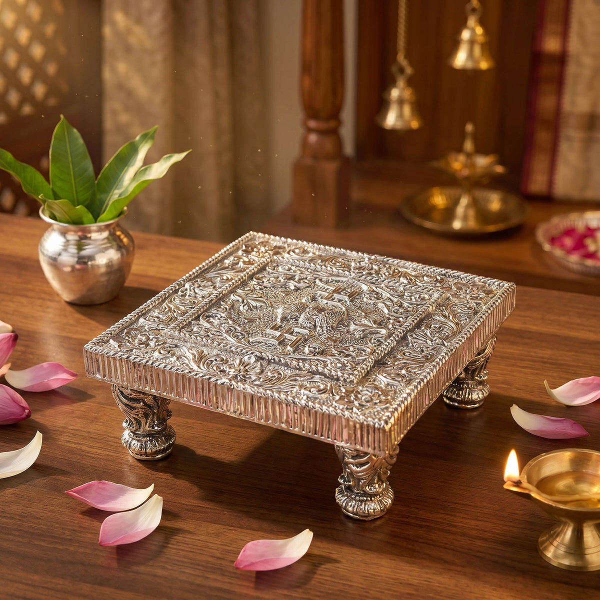 999 Silver Plated Swastik Pooja Chowki